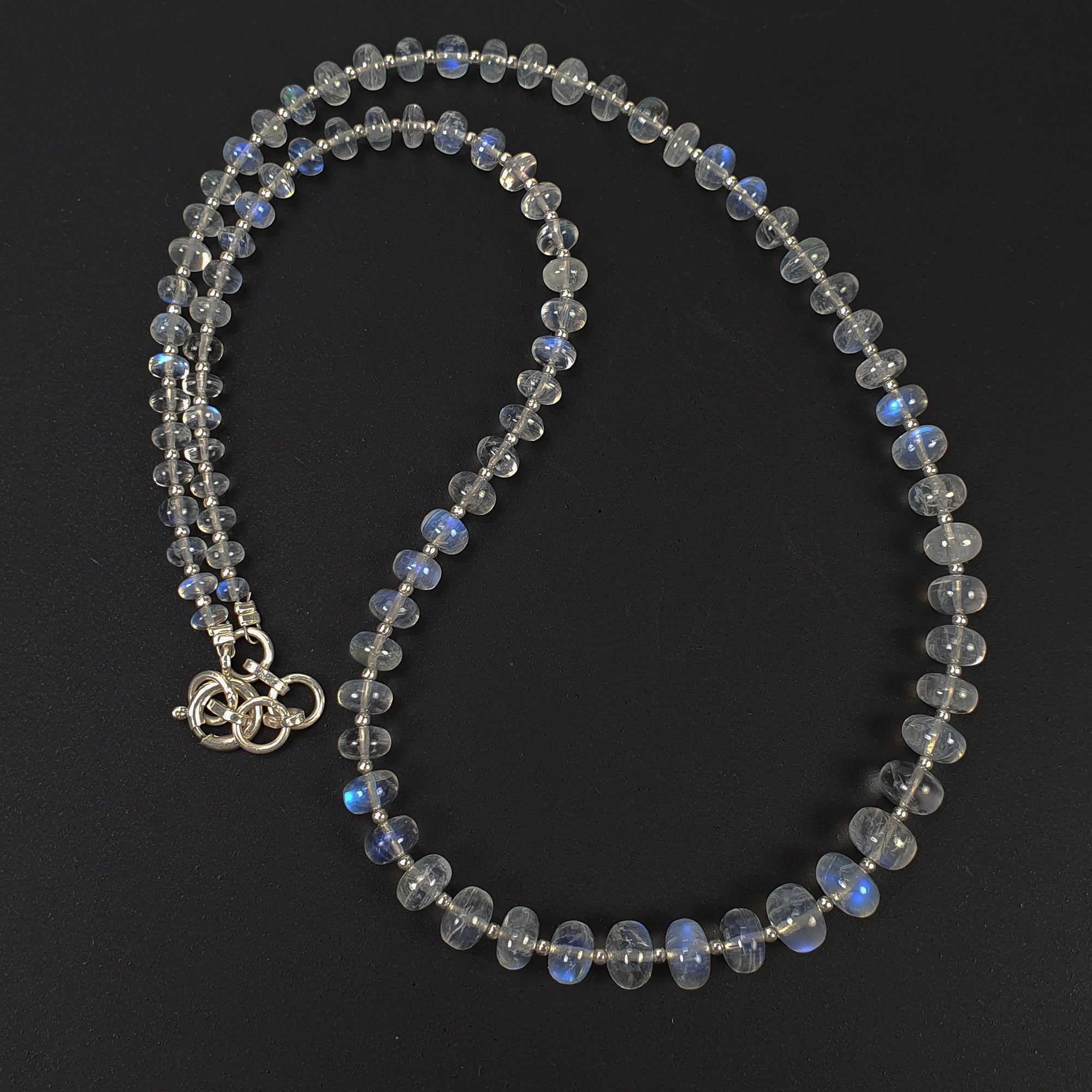 RAINBOW MOONSTONE Gemstone Necklace : 89.30cts Natural Untreated Moonstone Round Plain Necklace 4mm - 7.5mm 18" (With Video)