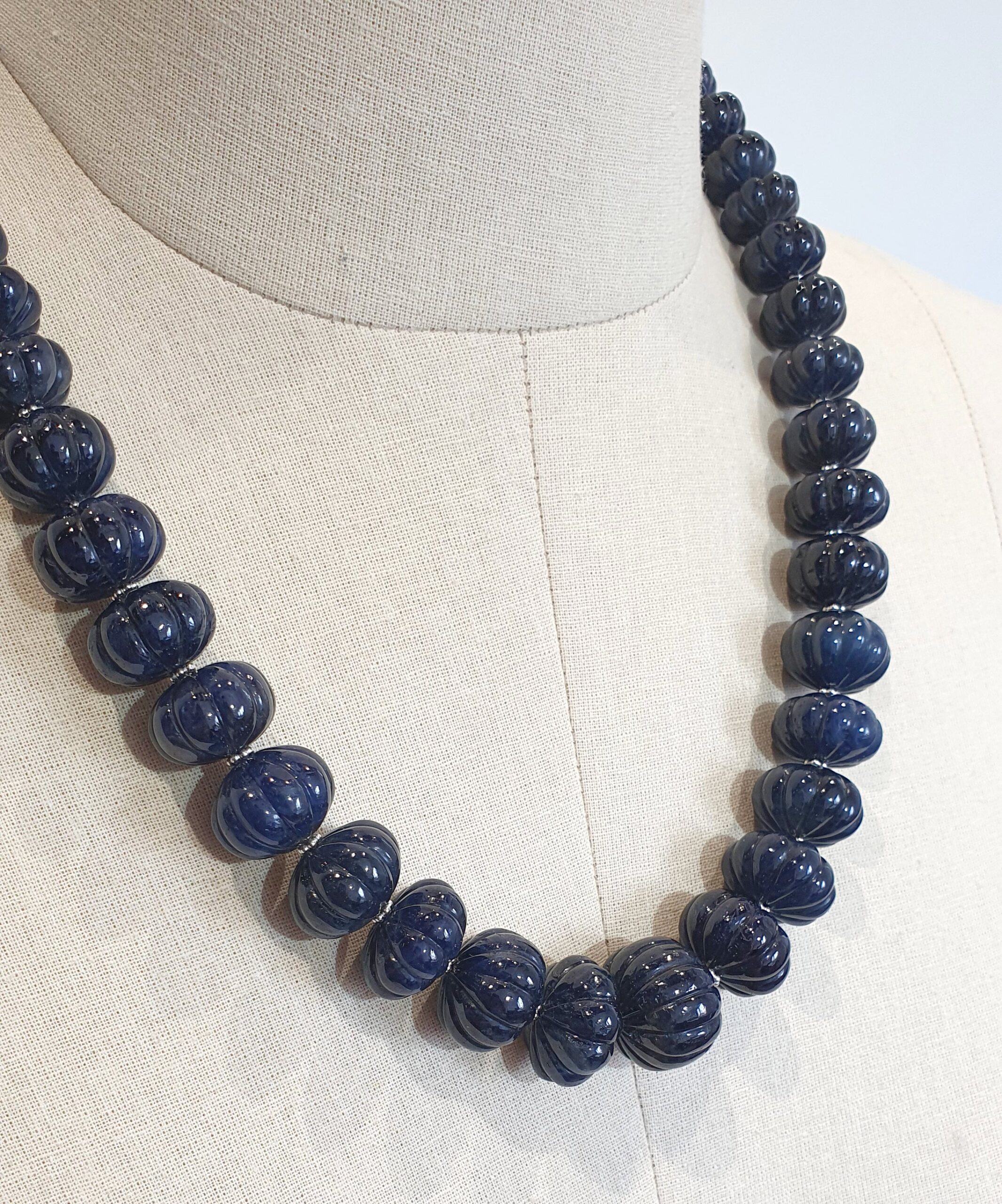Blue Sapphire Gemstone Melon Beads Necklace : 1156.50cts 925 Sterling Silver Natural Sapphire Hand Carved Rondelle Melon Beads 11mm-20mm 20"