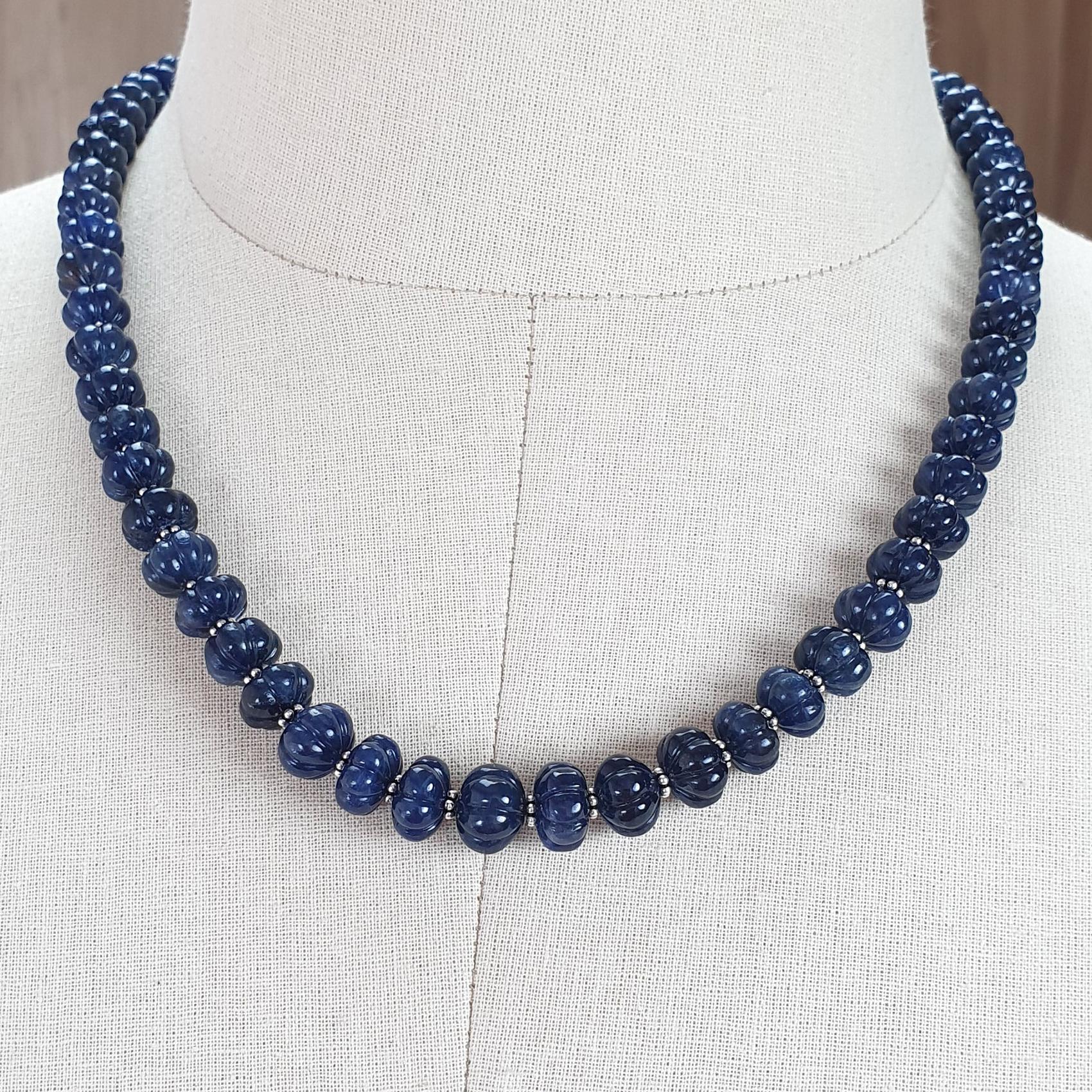 Blue Sapphire Gemstone Melon Beads Necklace : 381.30cts 925 Sterling Silver Natural Sapphire Hand Carved Rondelle Melon Beads 8mm-10mm 20"