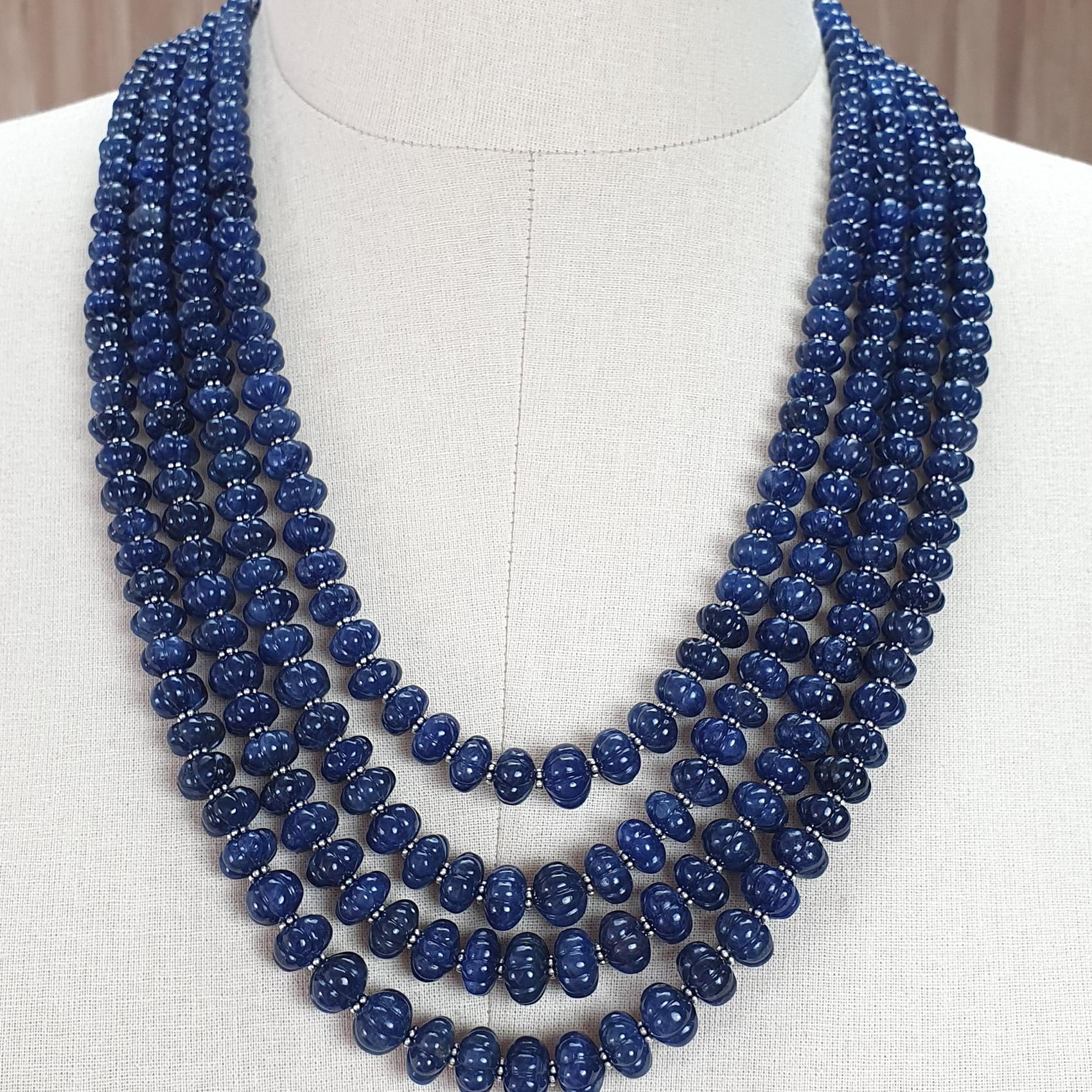 Blue Sapphire Gemstone Melon Beads Necklace : 1456.60cts Natural Sapphire Hand Carved Rondelle Melon Beads 7mm-11mm 16 "- 21"