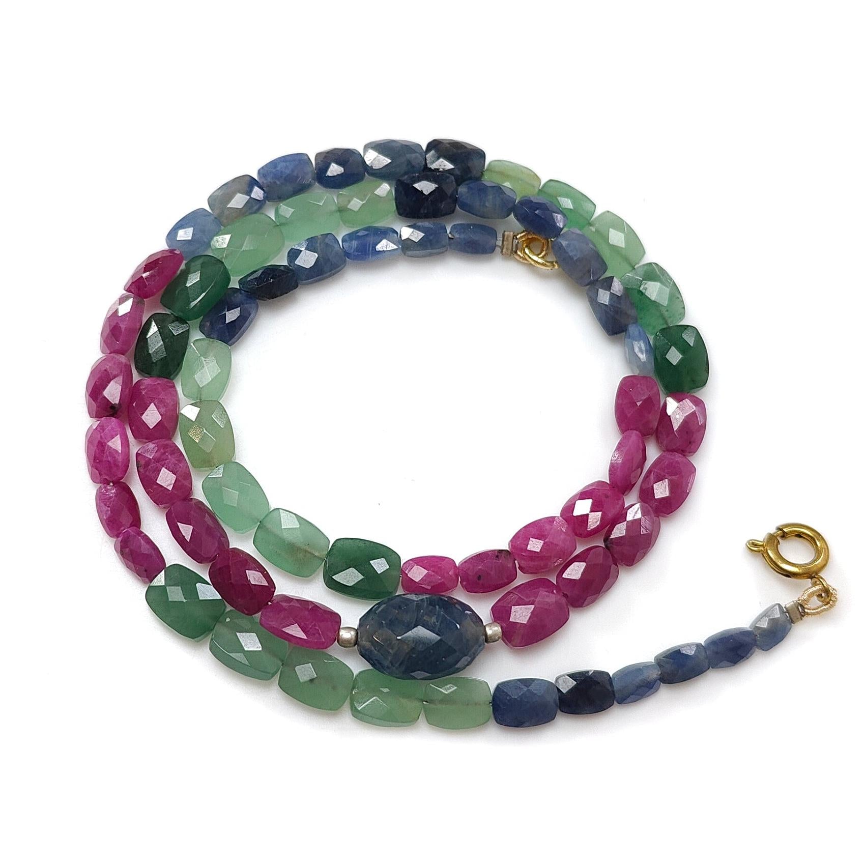 Ruby, Blue Sapphire & Quartz Beads Necklace: 88cts (Approx) Natural Untreated Sapphire Green Quartz Gemstone Faceted Brass Necklace 5*3mm - 8*6mm 18"