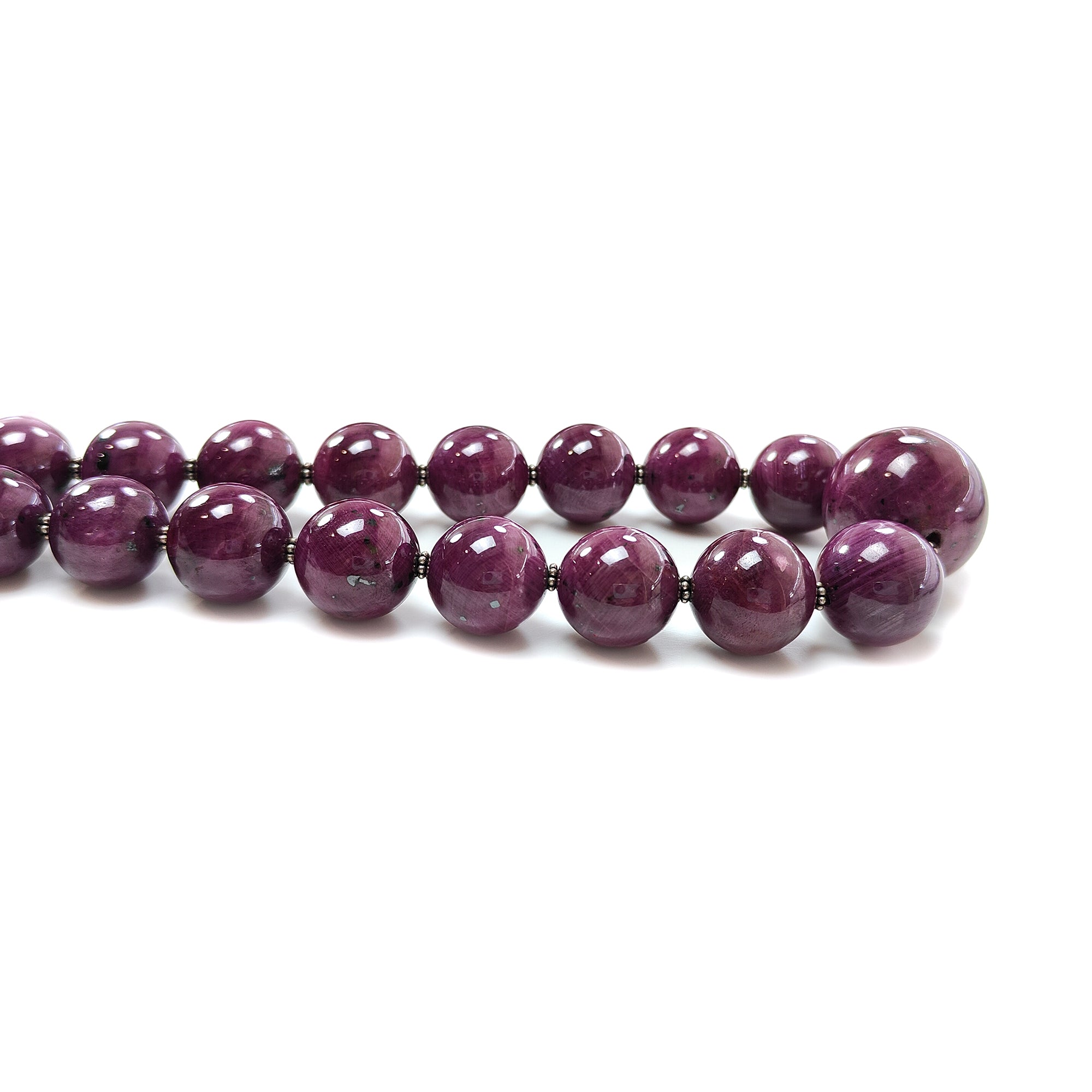 Ruby Gemstone Beads Necklace : 390.26gms Natural Silver Red Ruby Gemstone Plain Round Necklace 15mm - 23mm 25"