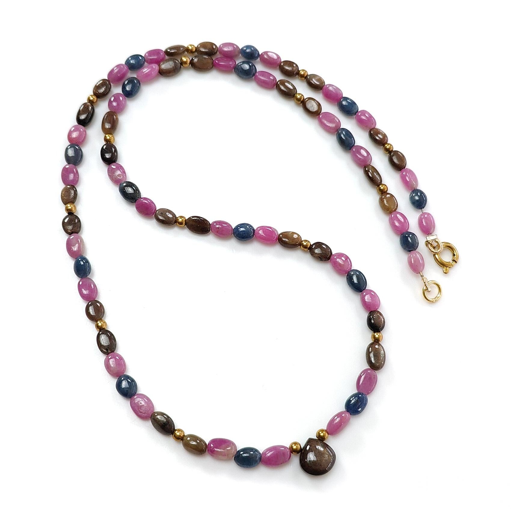 Multi Sapphire Gemstone Beads Necklace: 92.00cts Natural Untreated Unheated Sapphire Plain Oval Brass Necklace 6*4mm - 7*5mm 21"