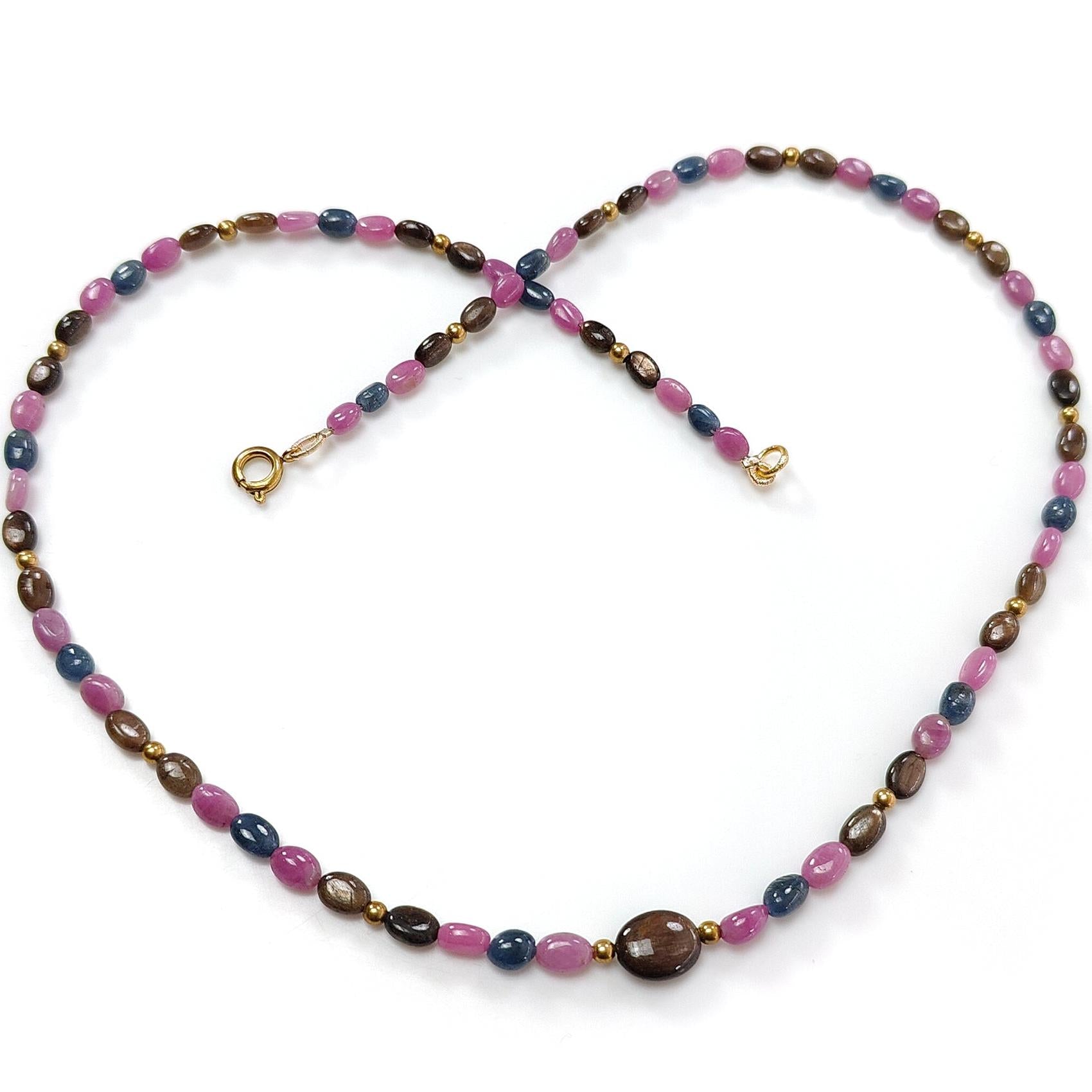 Multi Sapphire Gemstone Beads Necklace: 84.00cts (Approx) Natural Untreated Unheated Sapphire Plain Oval Brass Necklace 6*4mm - 7*5mm 20"