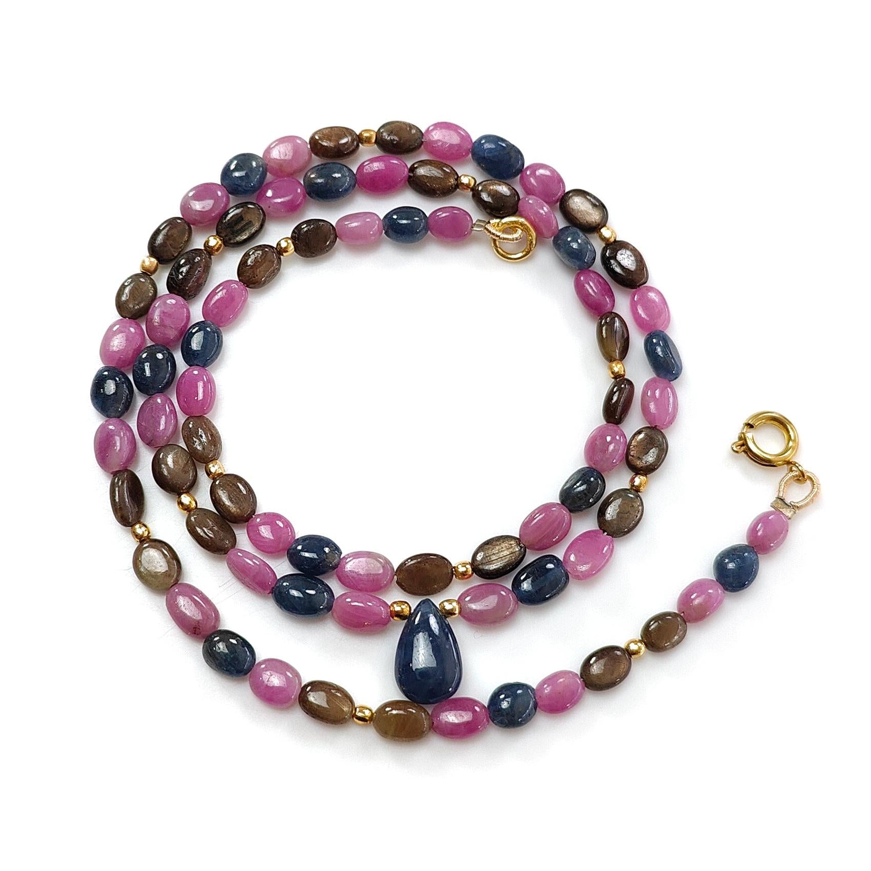 Multi Sapphire Gemstone Beads Necklace: 85.00cts (Approx) Natural Untreated Unheated Sapphire Plain Oval Brass Necklace 6*4mm - 7*5mm 21"