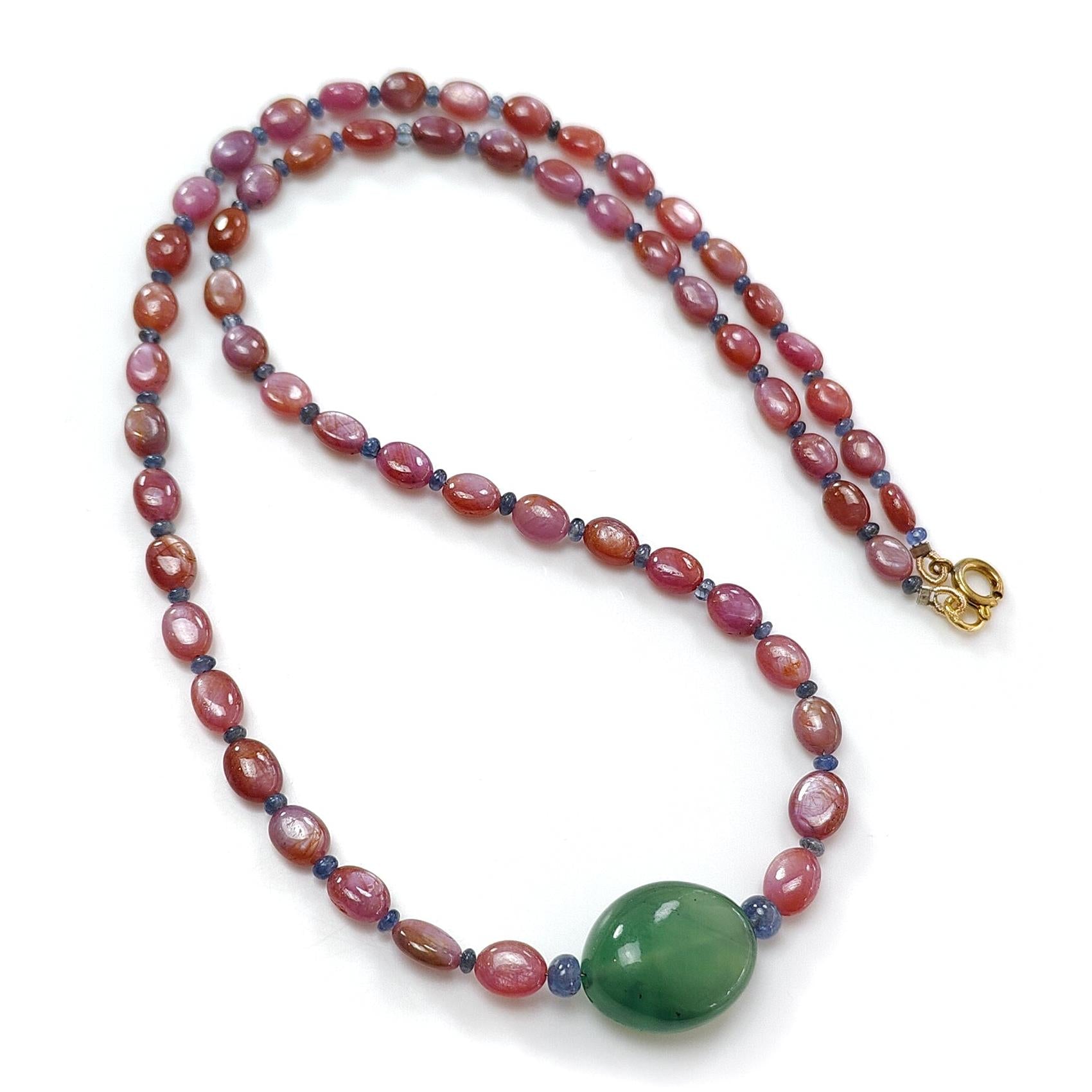 Pink Sapphire Beads Necklace: 126.60cts Natural Untreated Pink, Blue Sapphire & Green Quartz Gemstone Plain Oval Necklace 7*5mm - 8*6mm, 21"