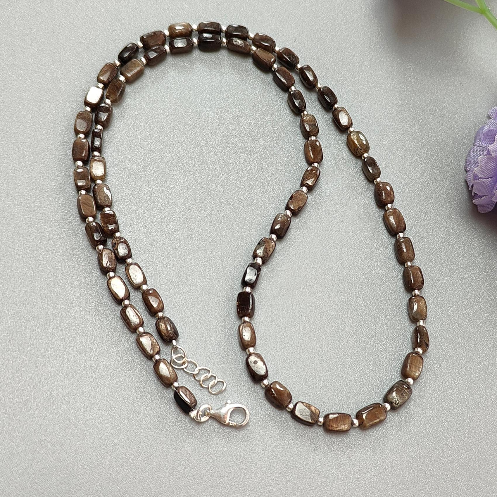 Golden Brown Chocolate Sapphire Gemstone Beads Necklace : 14.26gms 925 Sterling Silver Natural Plain Cushion Sapphire 5*3mm - 6*4mm 19"