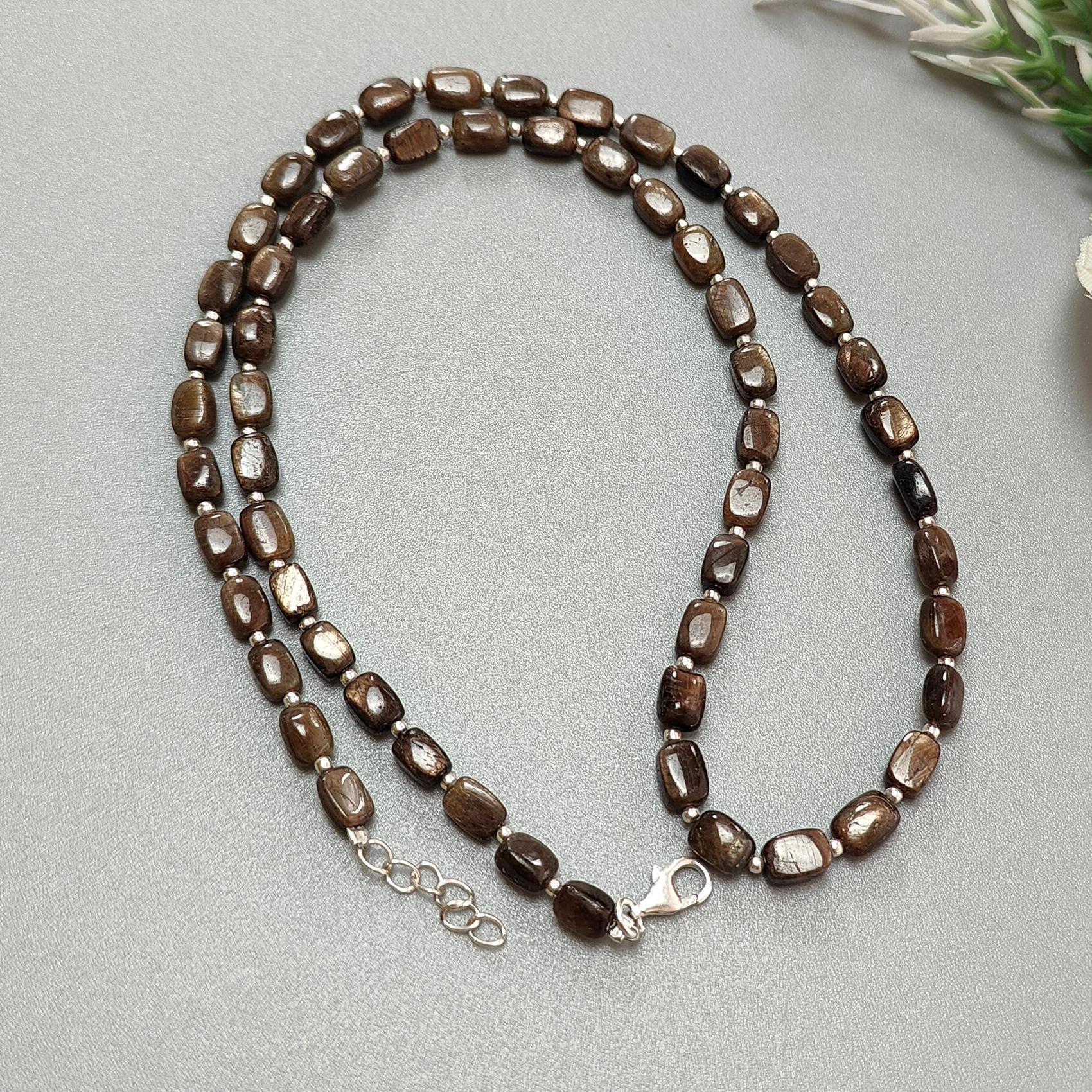 Golden Brown Chocolate Sapphire Gemstone Beads Necklace : 18.31gms 925 Sterling Silver Natural Plain Cushion Sapphire 5*4mm - 6*5mm 19"