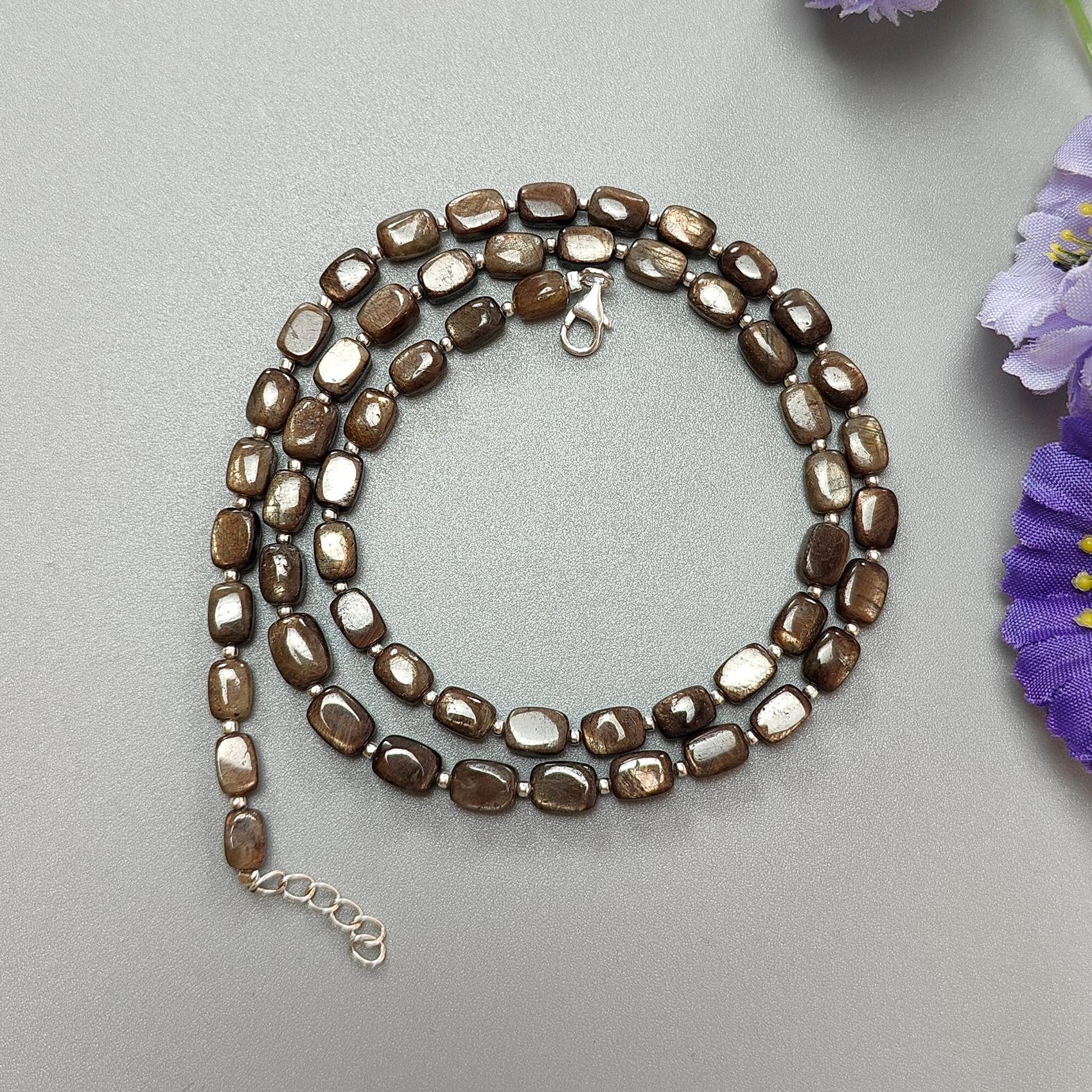 Golden Brown Sapphire Gemstone Beads Necklace : 21.71gms 925 Sterling Silver Natural Plain Cushion Sapphire 5.5*4mm - 7*6mm 19"