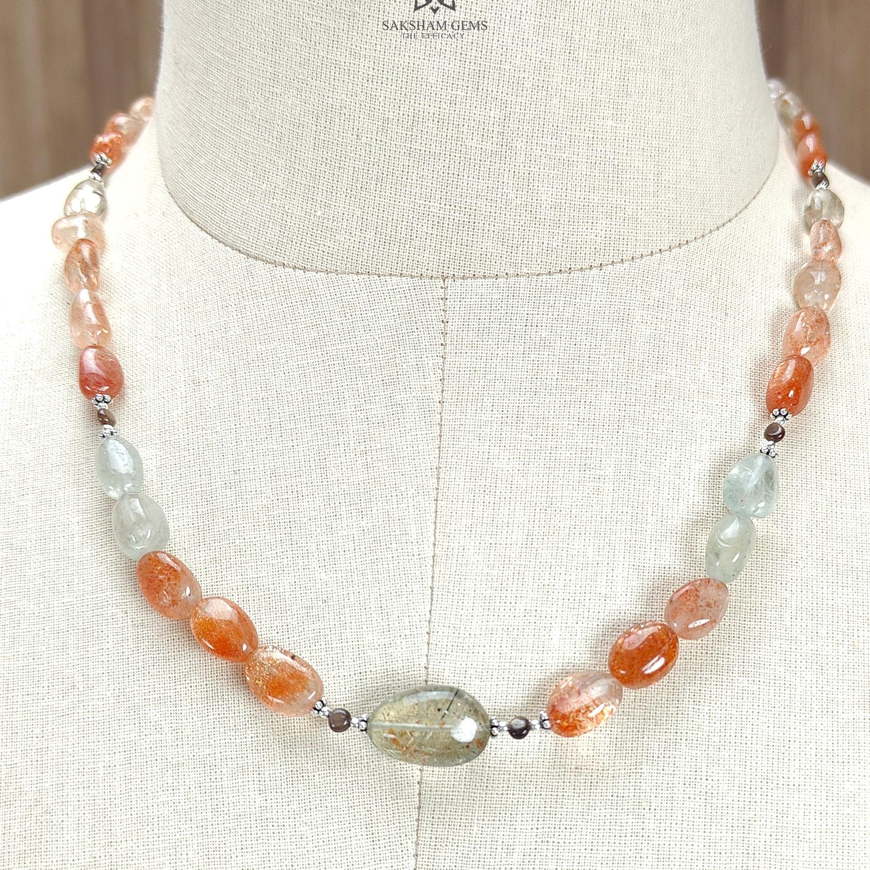 Oregon Sunstone Gemstone Beads Necklace : 155.20cts Natural Untreated Golden Brown sapphire Round Oval 925 Sterling Silver 19" Necklace