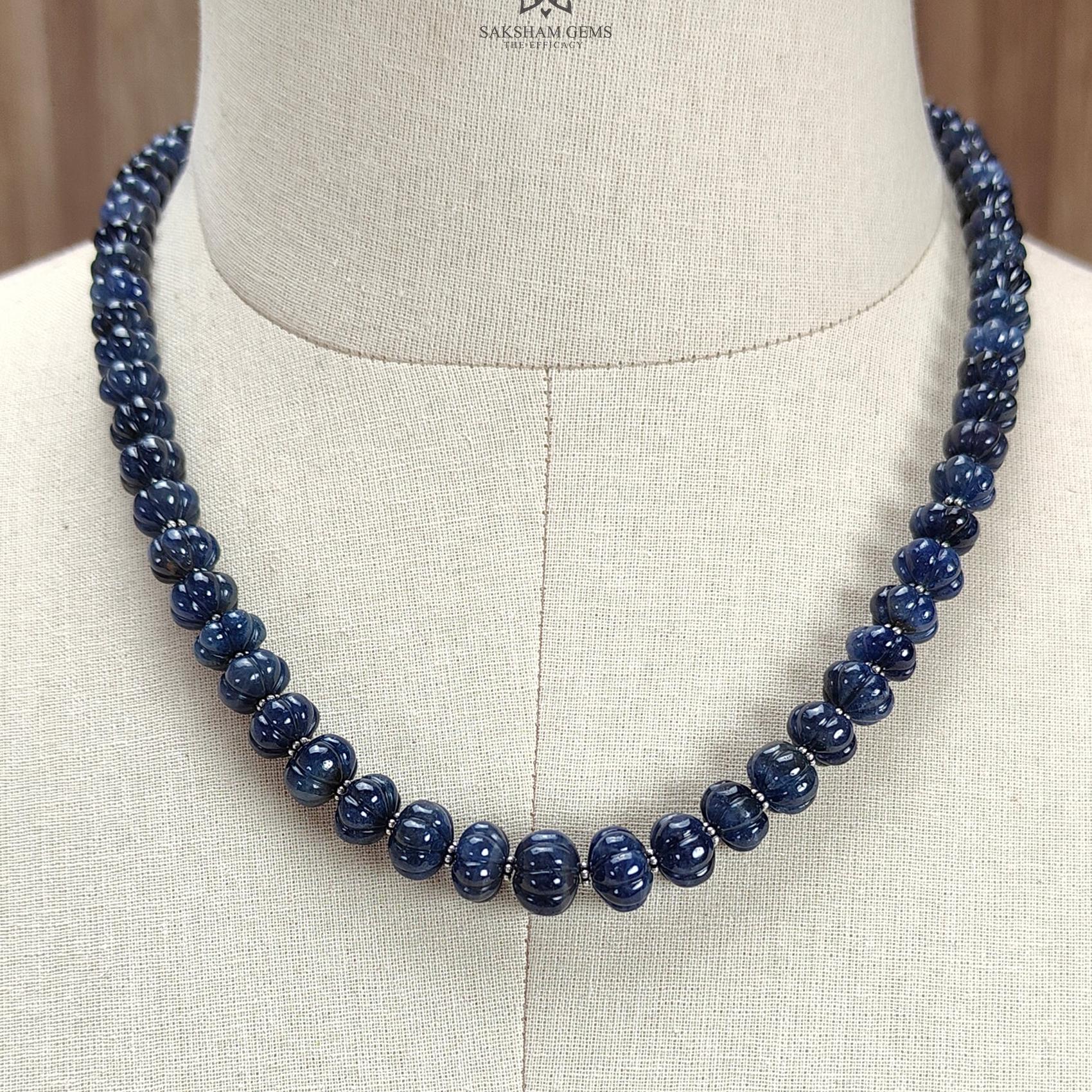 Blue Sapphire Melon Pumpkin Beads : 394.80cts 925 Sterling Silver Natural Sapphire Hand Carved Rondelle Melon Beads 8mm - 11mm 19.5"