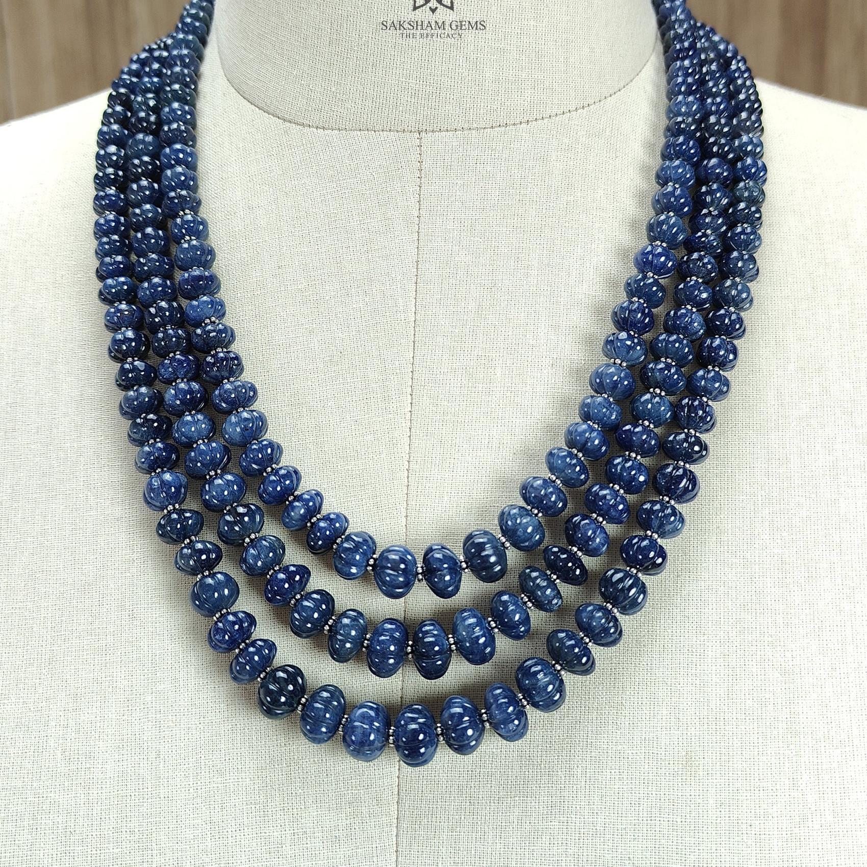 Blue Sapphire Melon Pumpkin Beads Necklace : 1209.40cts 925 Sterling Silver Natural Sapphire Hand Carved Melon Beads 7mm - 12mm 16"- 20"