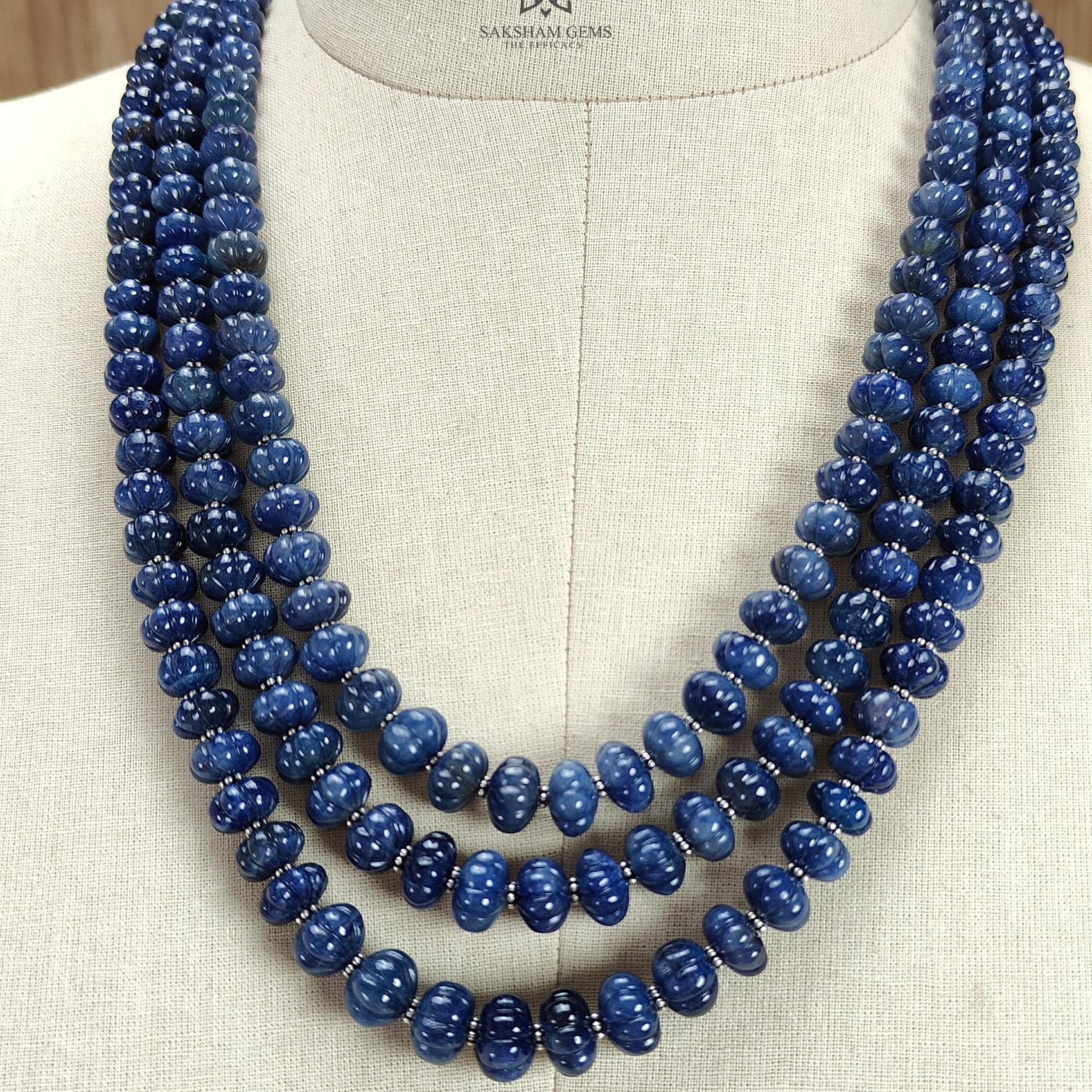 Blue Sapphire Melon Pumpkin Beads Necklace : 1298.80cts 925 Sterling Silver Natural Sapphire Hand Carved Melon Beads 7mm - 12mm 18"- 22"