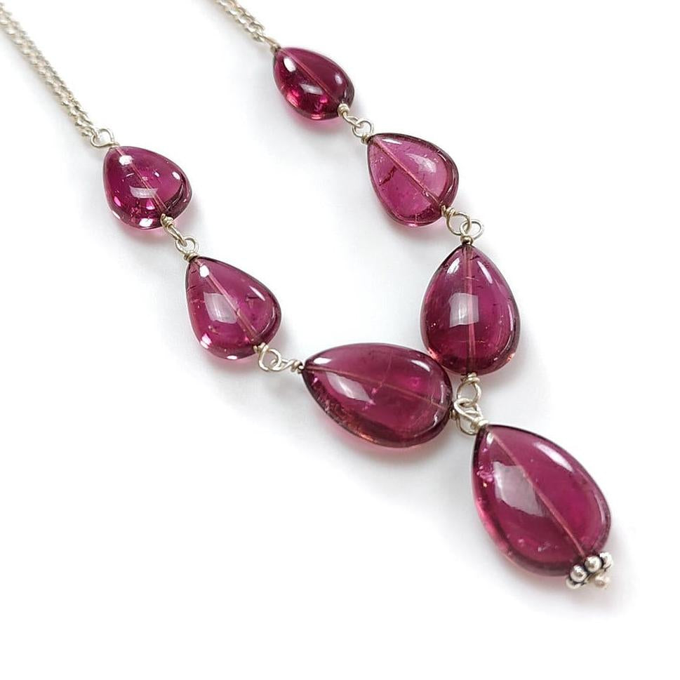 Rubellite Tourmaline Necklace: 39.40cts Natural Untreated Tourmaline 925 Sterling Silver Plain Pear 10*6mm-12*9mm 20.5"