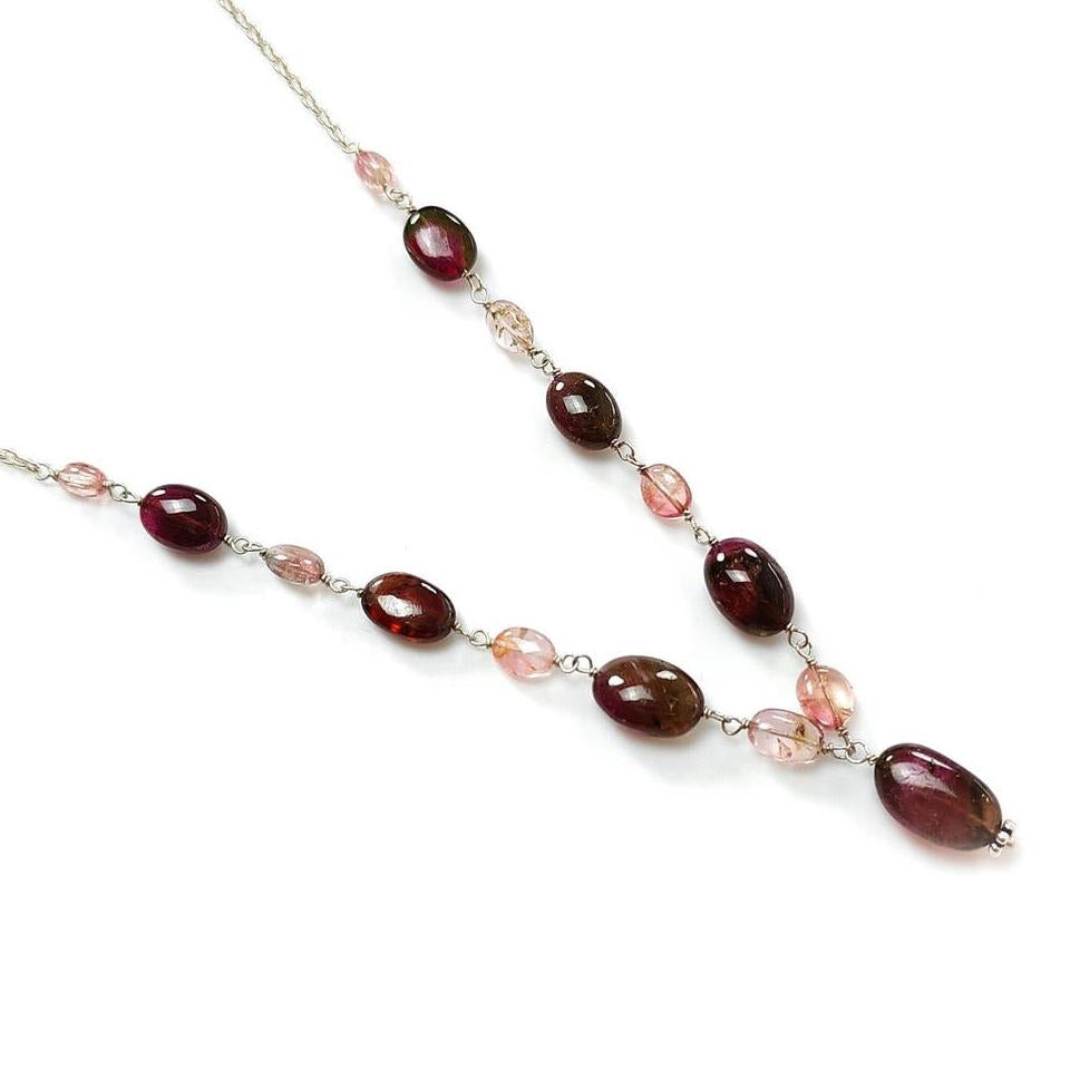 Rubellite Tourmaline Necklace: 50.00cts Natural Untreated Tourmaline 925 Sterling Silver Plain Oval 5*4mm - 13*8mm 22"