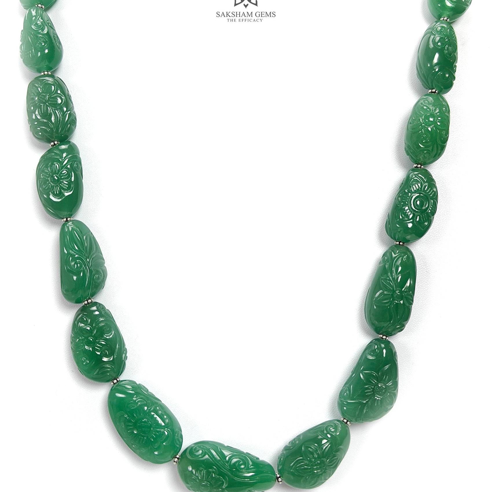 Green Quartz Carving Beads Necklace: 693.60cts Natural Untreated Quartz Shape Fancy Hand Carved 925 Sterling Silver 22*13mm - 32*17mm 22"