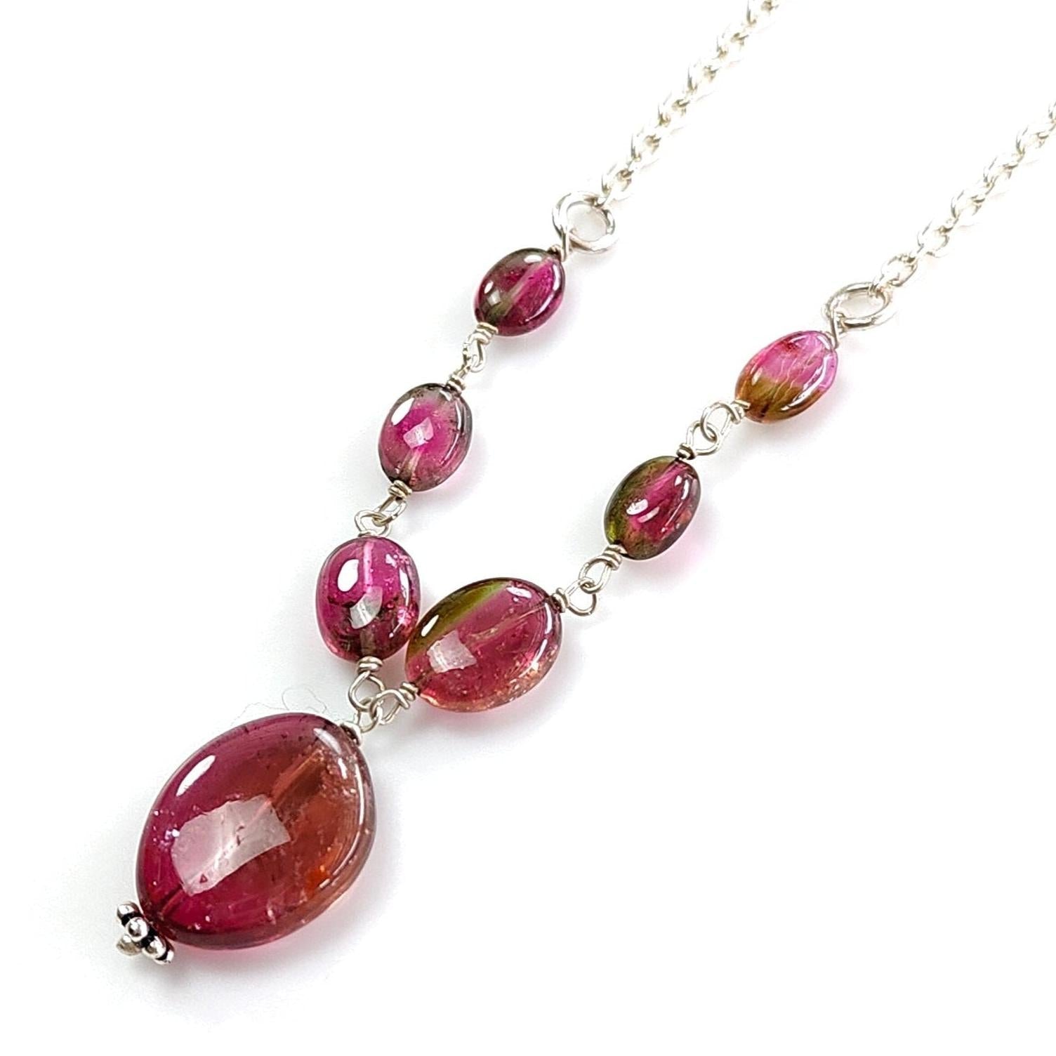 Watermelon Tourmaline Beads Chain Necklace: 33.00cts Natural Untreated Tourmaline 925 Sterling Silver Plain 21"