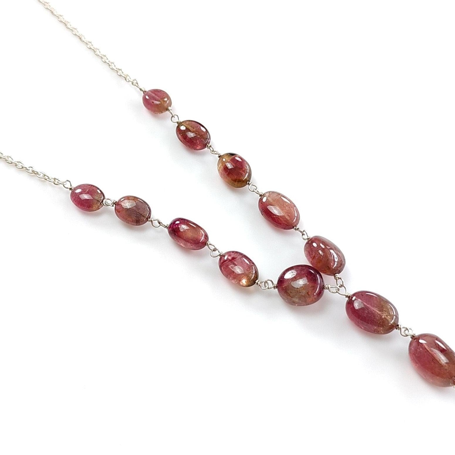 Watermelon Tourmaline Beads Chain Necklace: 56.25cts Natural Untreated Tourmaline 925 Sterling Silver Plain Oval 7*6mm - 12*8mm 22"