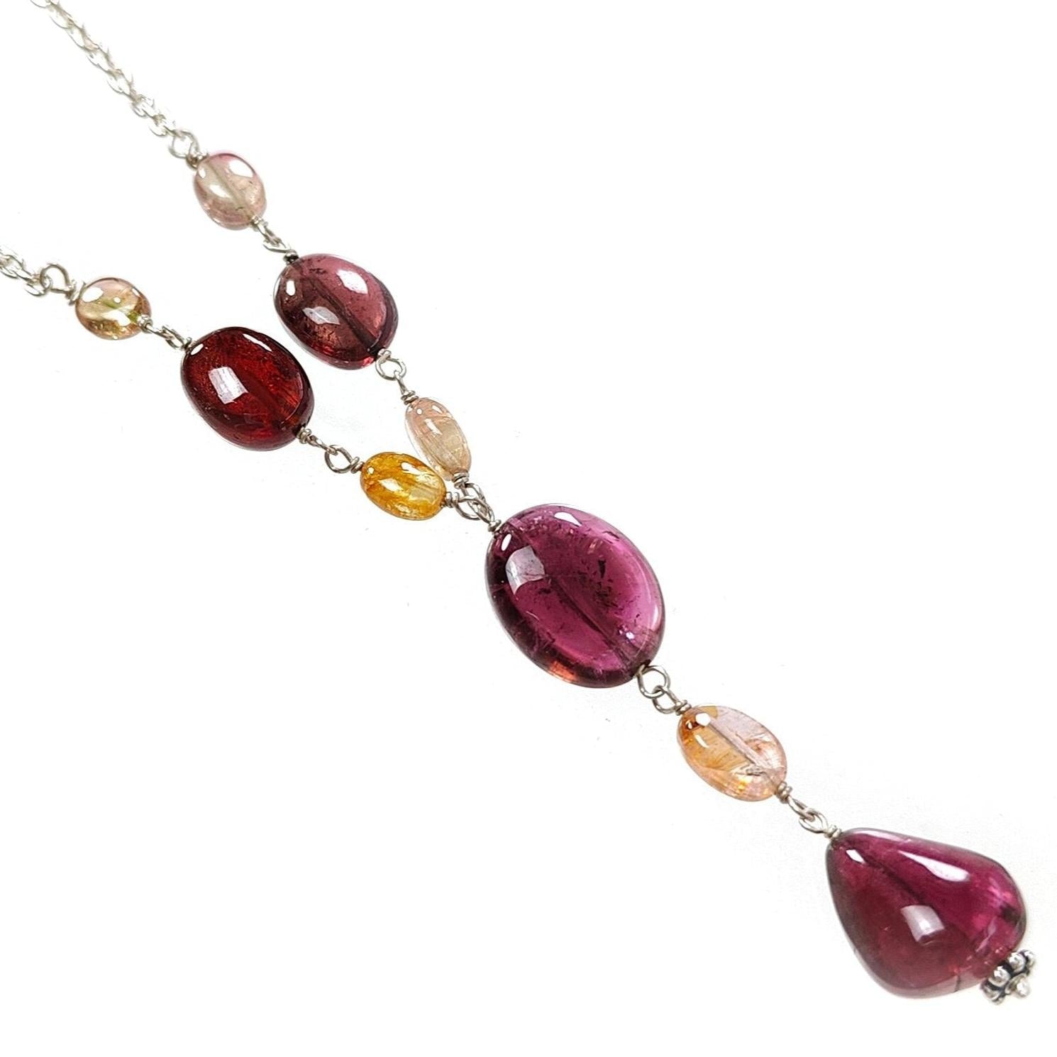Rubellite Pink Tourmaline Beads Chain Necklace: 45.50cts Natural Untreated Tourmaline 925 Sterling Silver Plain Oval 6*4.5mm - 13*10mm 22"