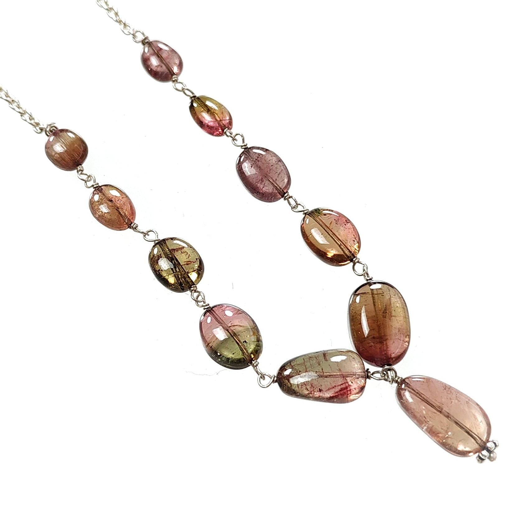 Watermelon Tourmaline Beads Chain Necklace: 52.90cts Natural Untreated Tourmaline 925 Sterling Silver Plain Oval 7*6mm - 13*8mm 21"