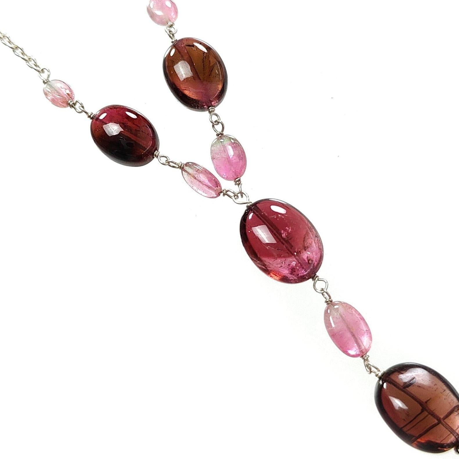 Rubellite Pink Tourmaline Beads Chain Necklace: 50.60cts Natural Untreated Tourmaline 925 Sterling Silver Plain 22"