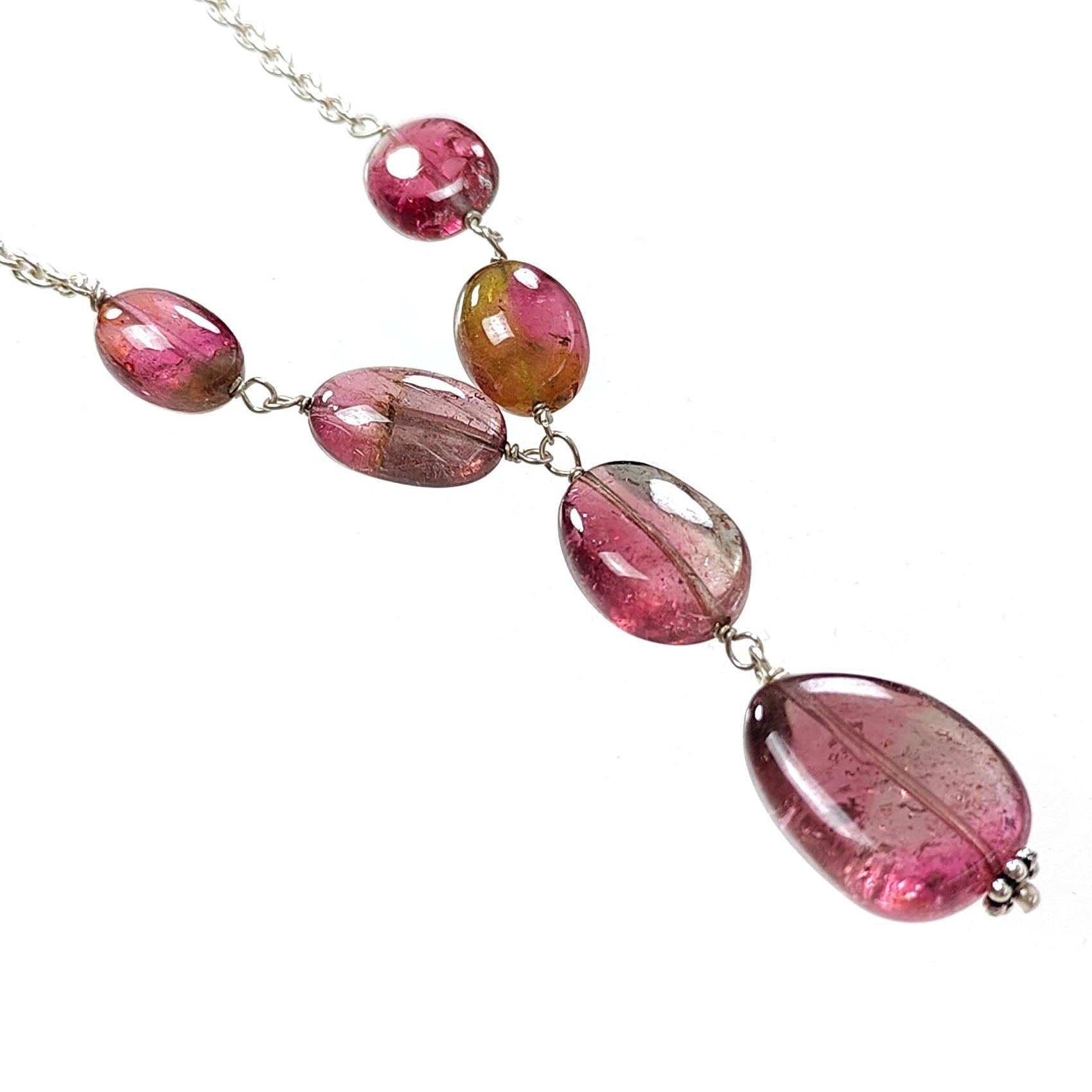 Rubellite Pink Tourmaline Beads Chain Necklace: 52.00cts Natural Untreated Tourmaline 925 Sterling Silver Plain Oval 10*7.5mm - 15*12mm 22"