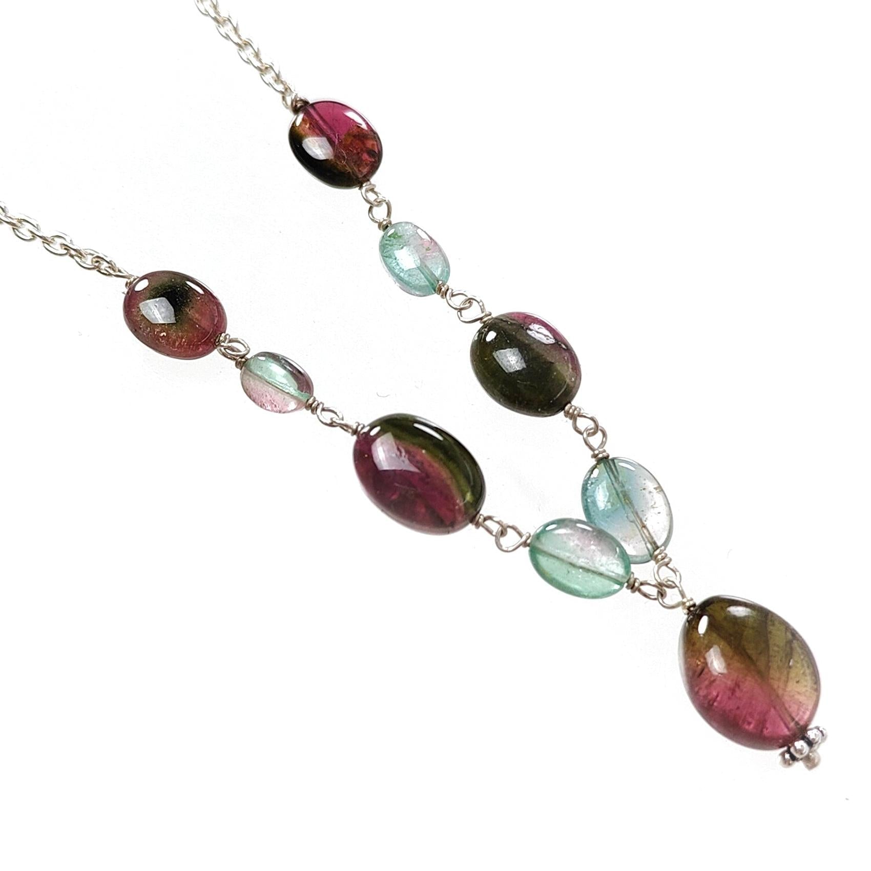 Watermelon Tourmaline Beads Chain Necklace: 38.00cts Natural Untreated Tourmaline 925 Sterling Silver Plain Oval 6*4mm - 11*9mm 21"
