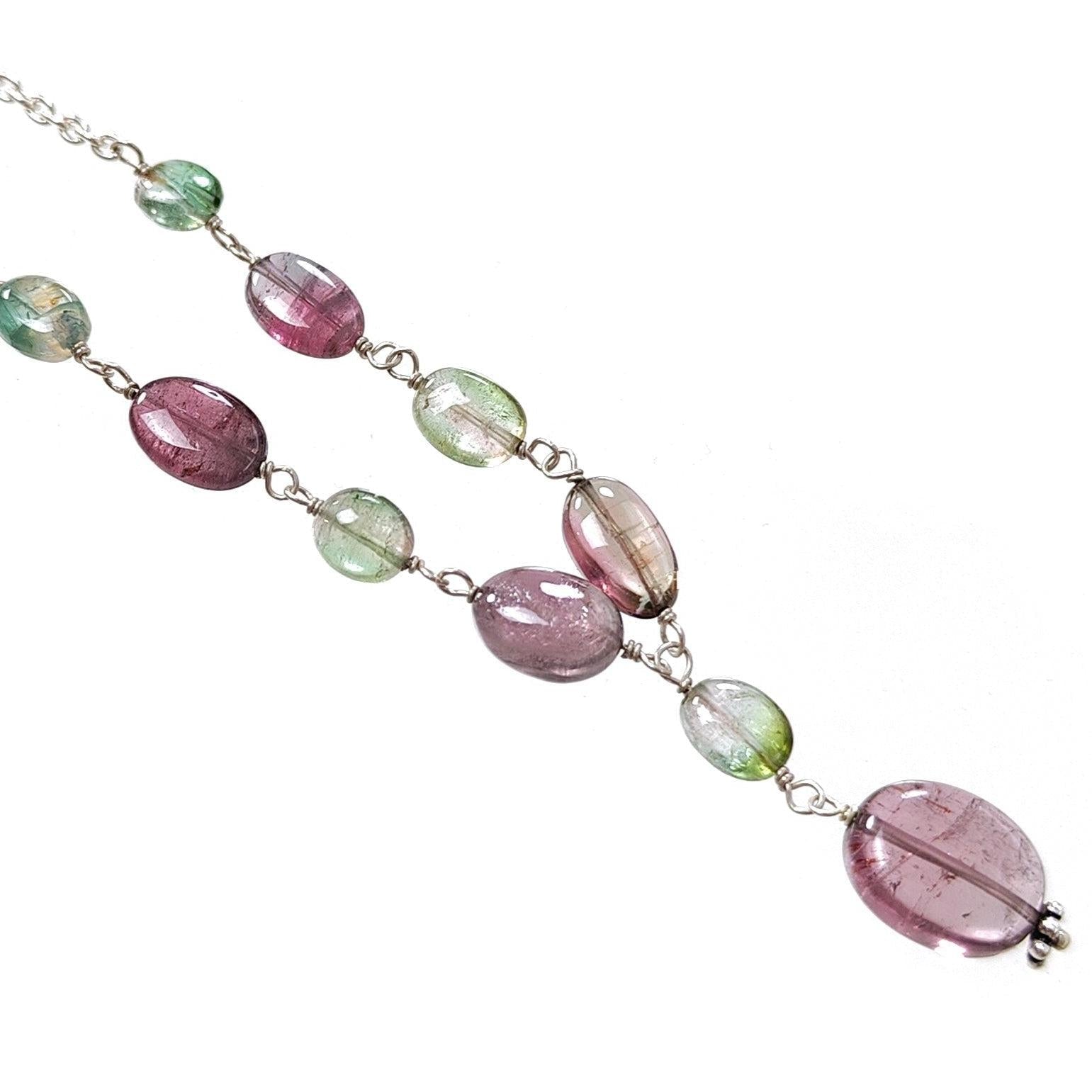 Watermelon Tourmaline Beads Chain Necklace: 35.50cts Natural Untreated Tourmaline 925 Sterling Silver Plain Oval 22"