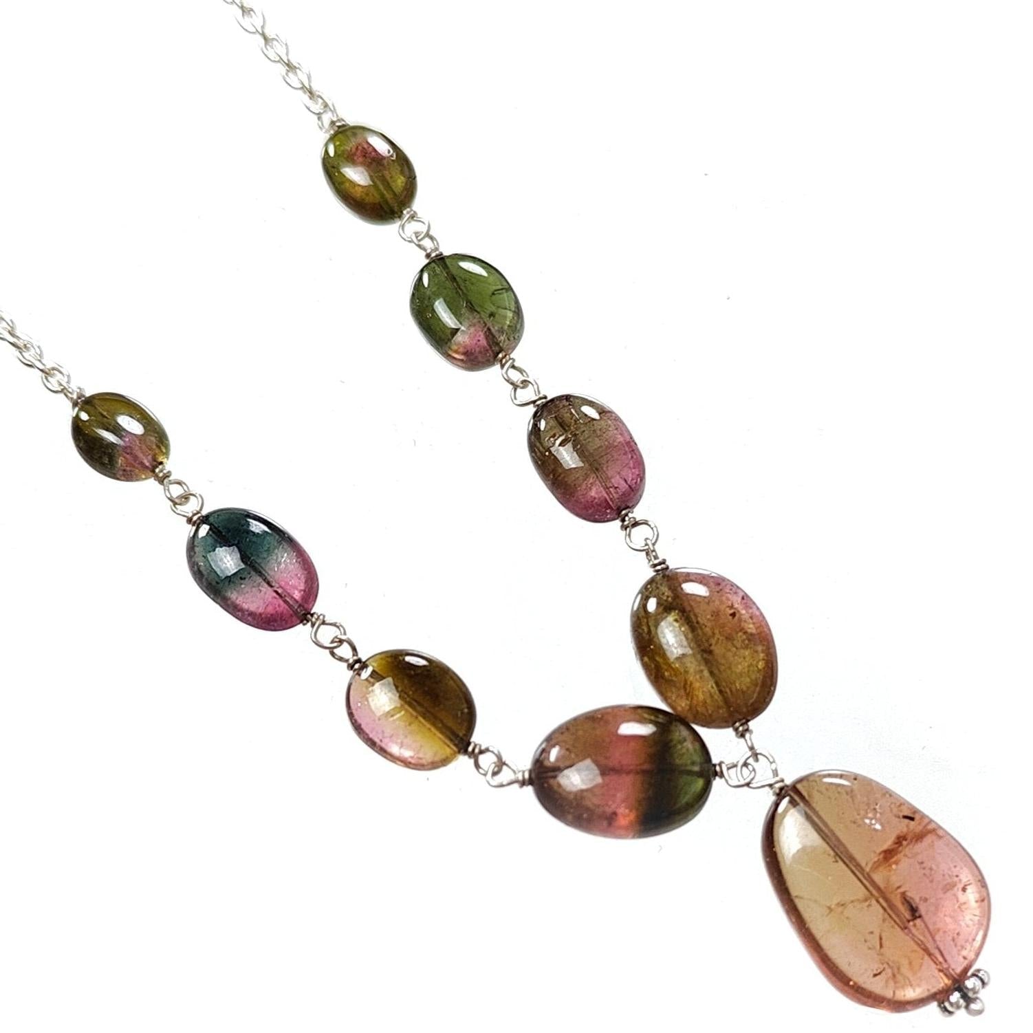 Watermelon Tourmaline Beads Chain Necklace: 49.20cts Natural Untreated Tourmaline 925 Sterling Silver Plain Oval 7*6.5mm - 15*12mm 21"