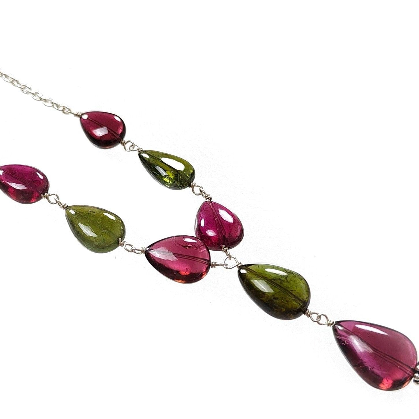 Watermelon Rubellite Tourmaline Beads Chain Necklace: 50.50cts Natural Untreated Tourmaline 925 Silver Plain Oval 9*7.5mm - 15*11mm 22"