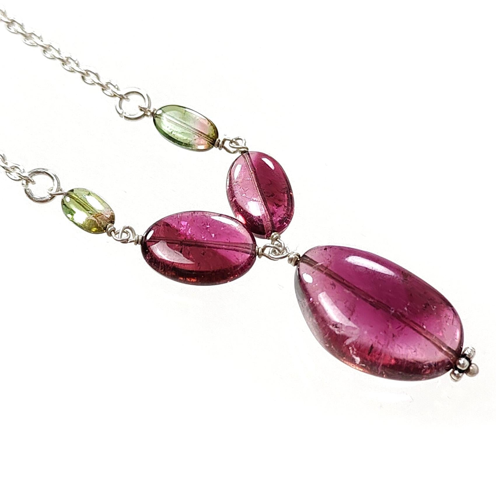 Rubellite Green Tourmaline Beads Chain Necklace: 43.10cts Natural Untreated Tourmaline 925 Sterling Silver Plain Oval 7*4mm - 17.5*12mm 22"