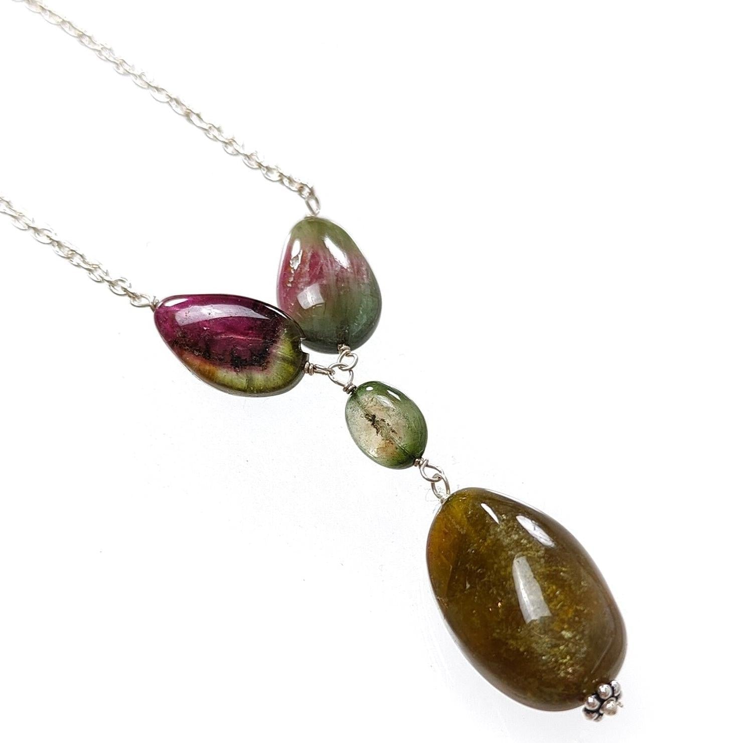 Watermelon Tourmaline Beads Chain Necklace: 58.25cts Natural Untreated Tourmaline 925 Sterling Silver Plain Oval 8*7.5mm - 21*13mm 22"