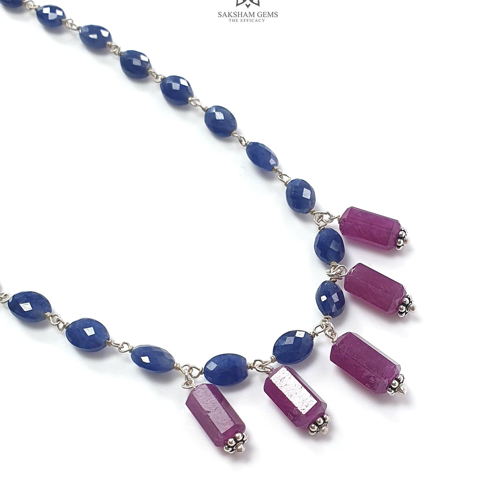 Blue Sapphire and Ruby Beads Chain Necklace: 64.65cts Natural Sapphire Pencil Oval, Checker Cut Briolette 925 Silver Necklace 9mm - 10mm 22"