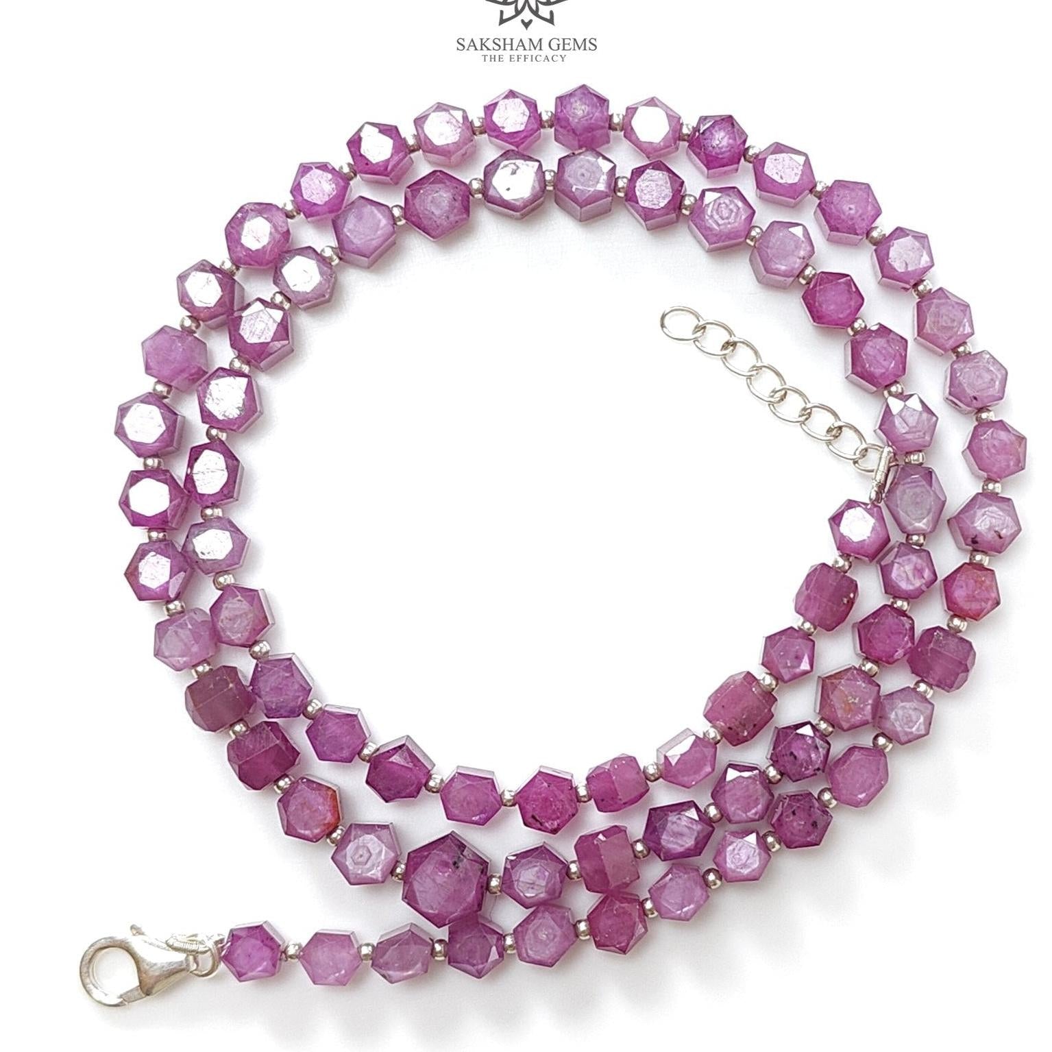 Raspberry Ruby Faceted Beads Necklace: 126.40cts Natural Untreated Ruby 925 Sterling Silver Hexagon Shape 5mm - 6.5mm 18"