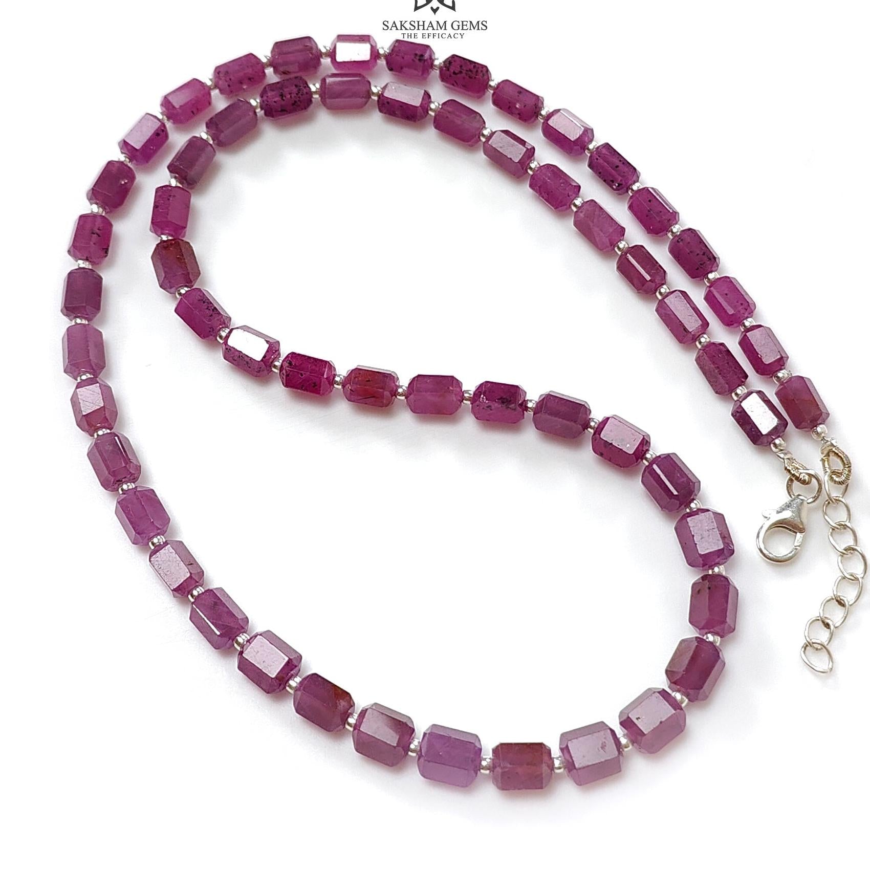 Raspberry Purple Ruby Faceted Beads Necklace: 94.05cts Natural Untreated Ruby 925 Sterling Silver Fancy Shape 6mm 16"