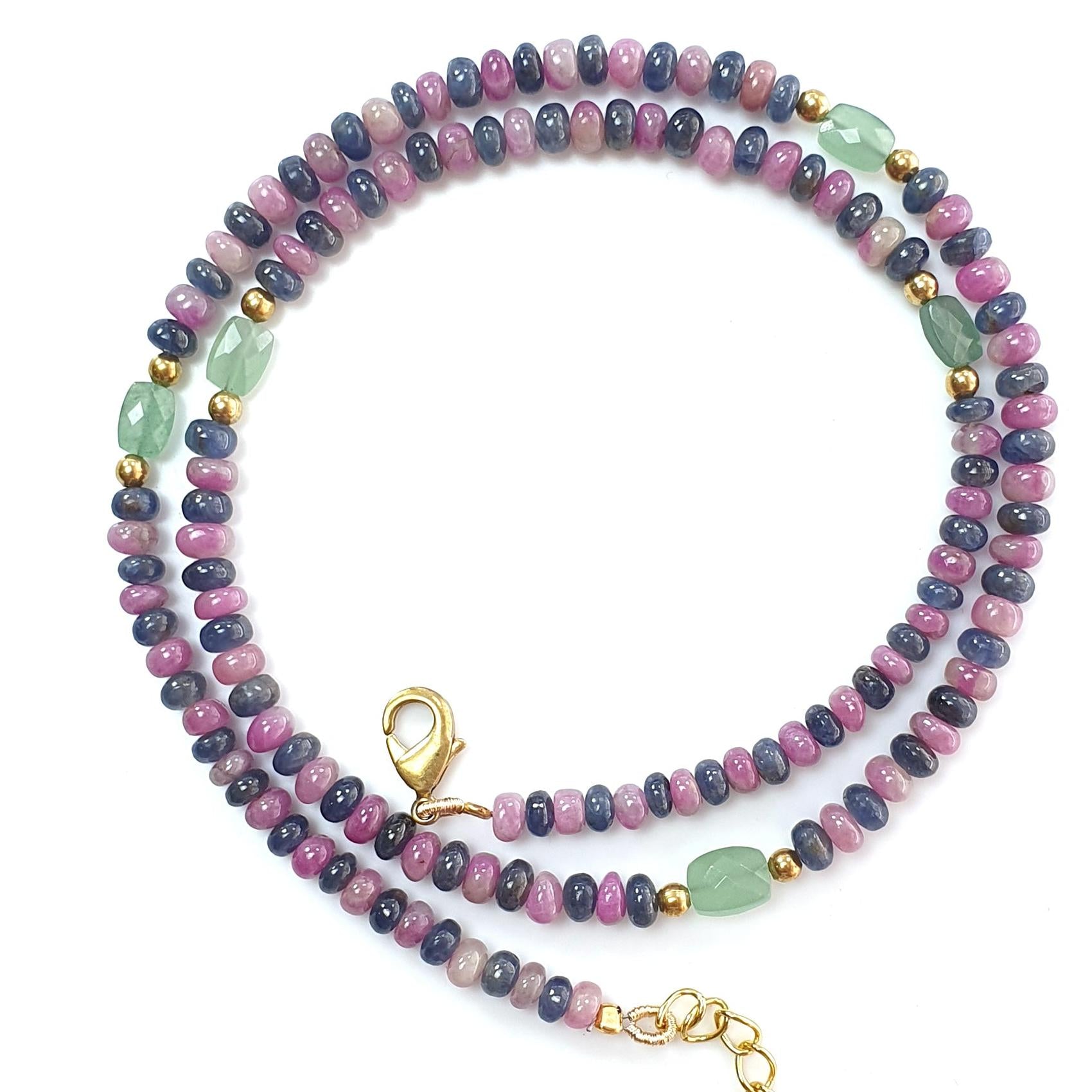 Zoisite Ruby & Blue Sapphire Gemstone Beads Necklace: 18.54gms Natural Ruby, Green Quartzite Gemstone Plain Rondelle Brass Necklace 4mm 18"