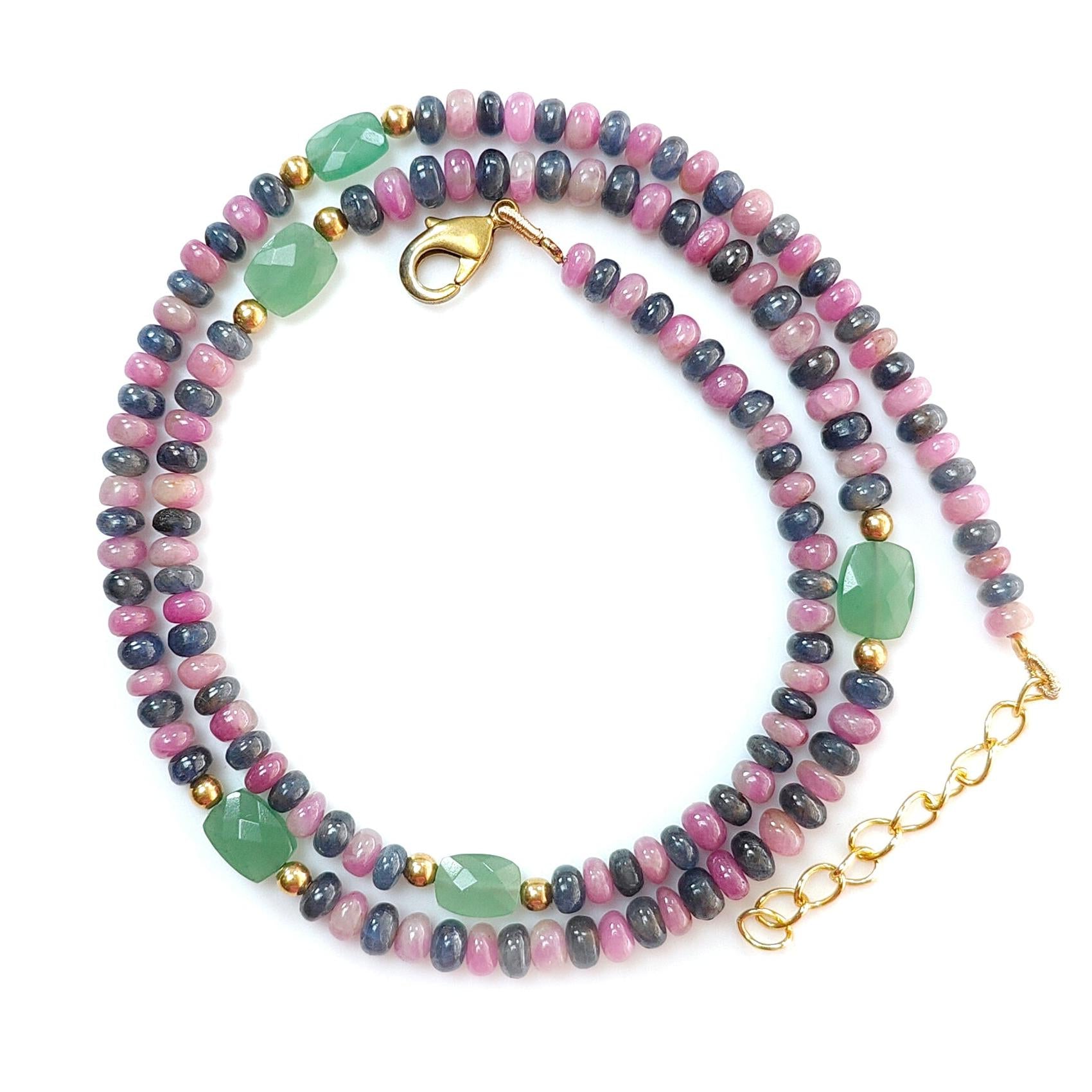Zoisite Ruby Blue Sapphire Gemstone Beads Necklace: 18.02gms Natural Ruby, Green Quartzite Gemstone Plain Rondelle Brass Necklace 4mm 18"