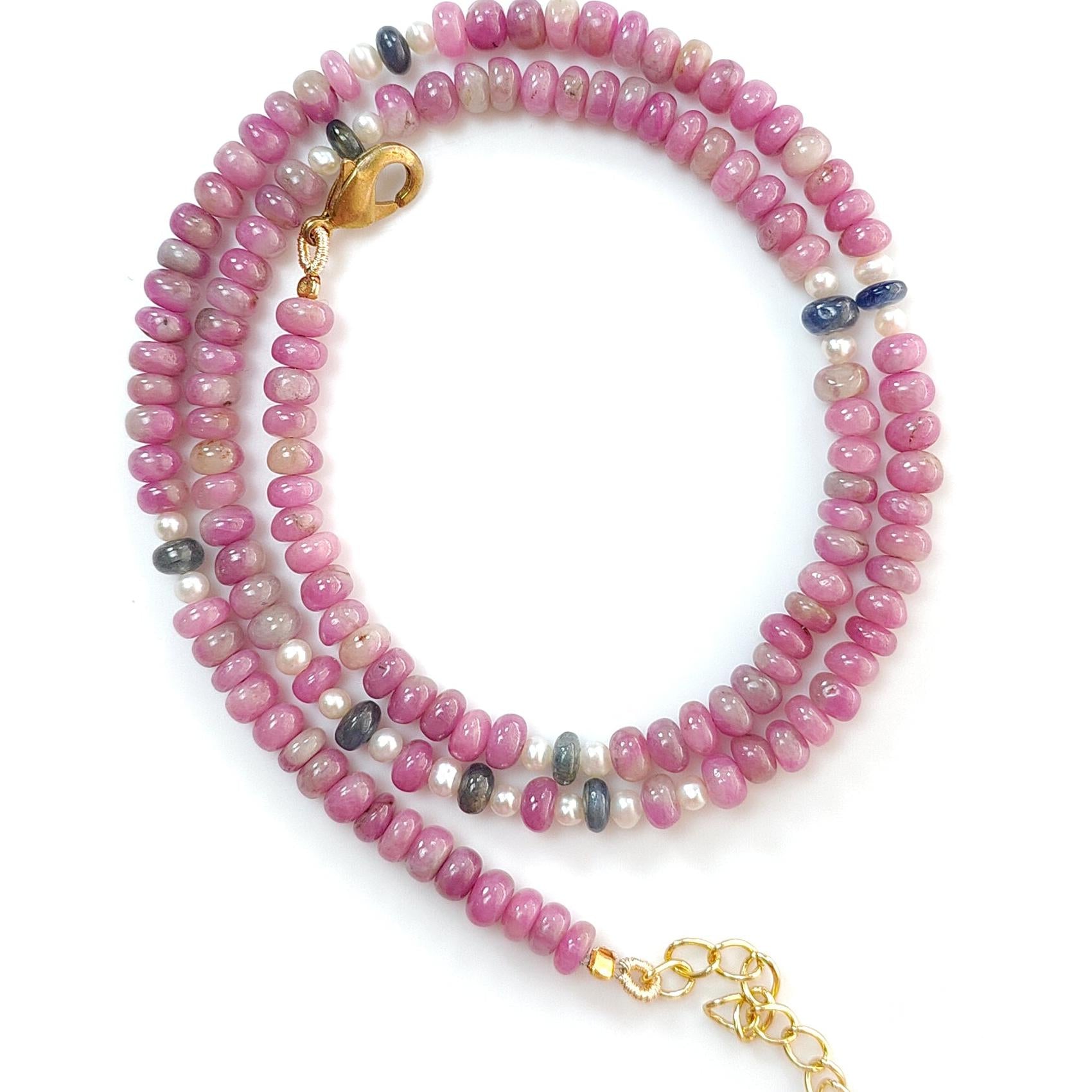 Zoisite Ruby Gemstone Beads Necklace: 21.22gms Natural Ruby, White Pearl & Blue Sapphire Plain Rondelle Brass Necklace 4.5mm - 5mm 18"