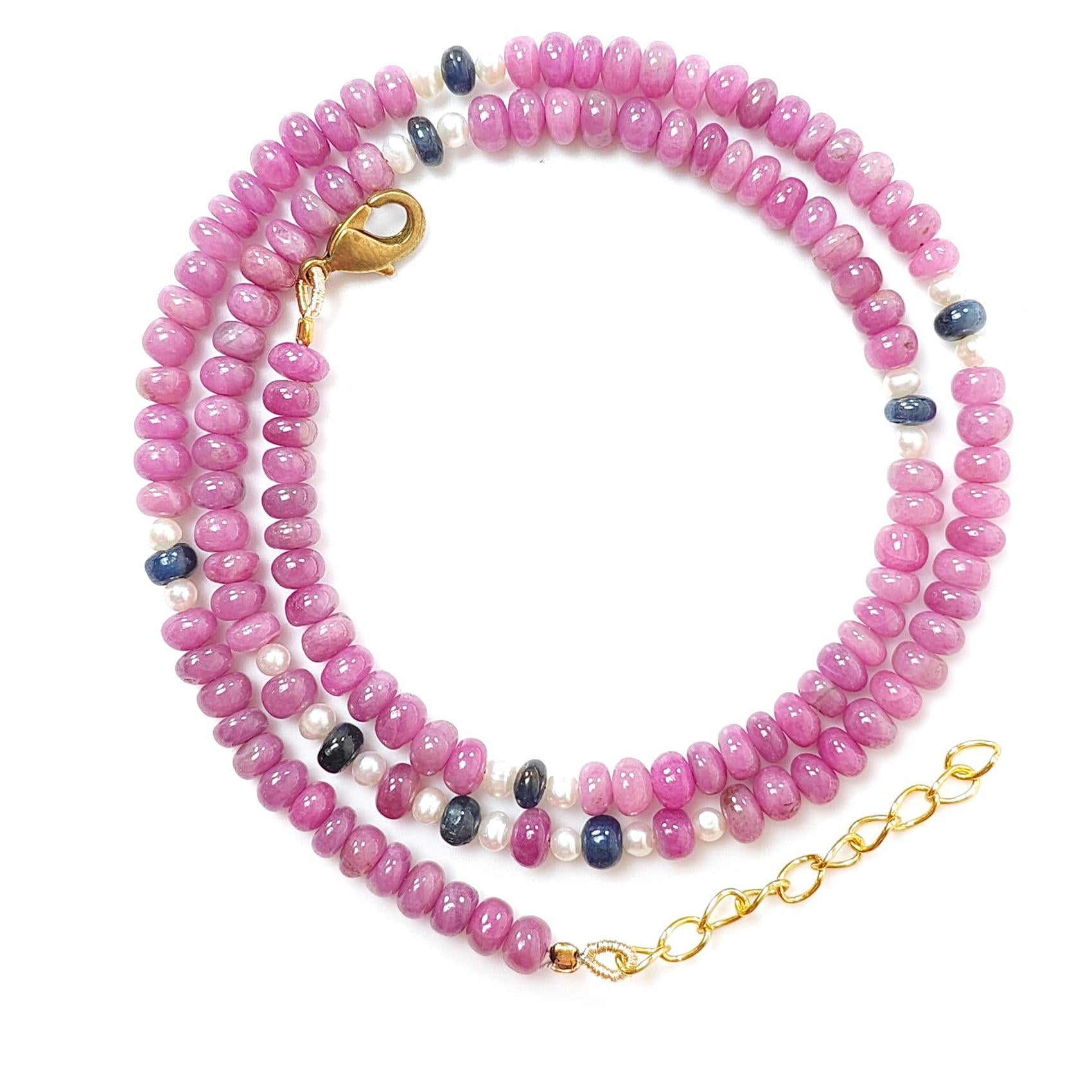 Pink Sapphire Gemstone Beads Necklace: 22.83gms Natural Ruby Pearl & Blue Sapphire Plain Rondelle Brass Necklace 4.5mm - 5mm 18"