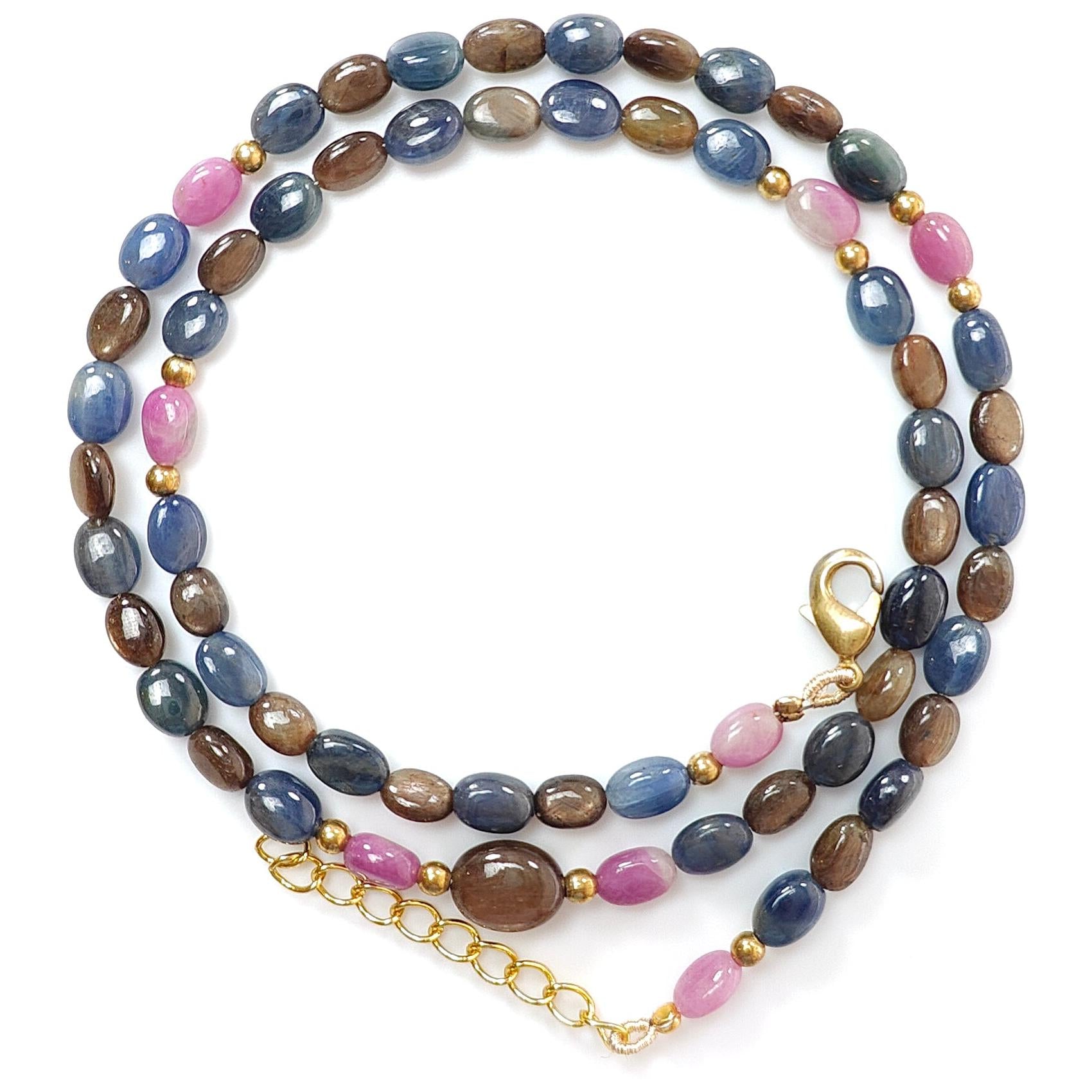 Golden, Blue & Pink Sapphire Gemstone Beads Necklace: 18.84gms Natural Untreated Sapphire Plain Oval Brass Necklace 6*5mm - 7*5mm 18"