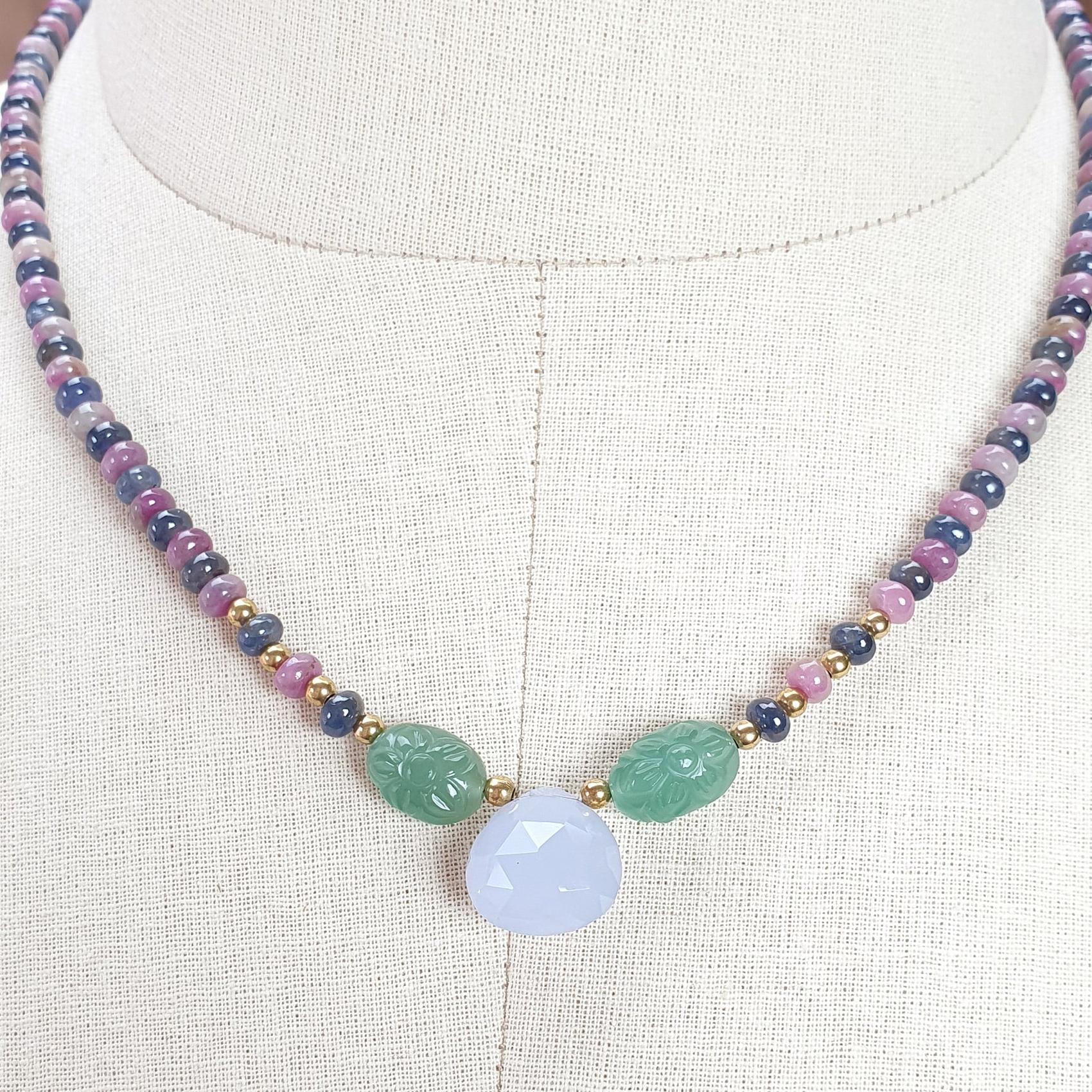 Zoisite Ruby & Blue Sapphire Gemstone Beads Necklace: 24.81gms Natural Quartzite, Blue Chalcedony Plain Rondelle Brass Necklace 4mm-5mm 18"