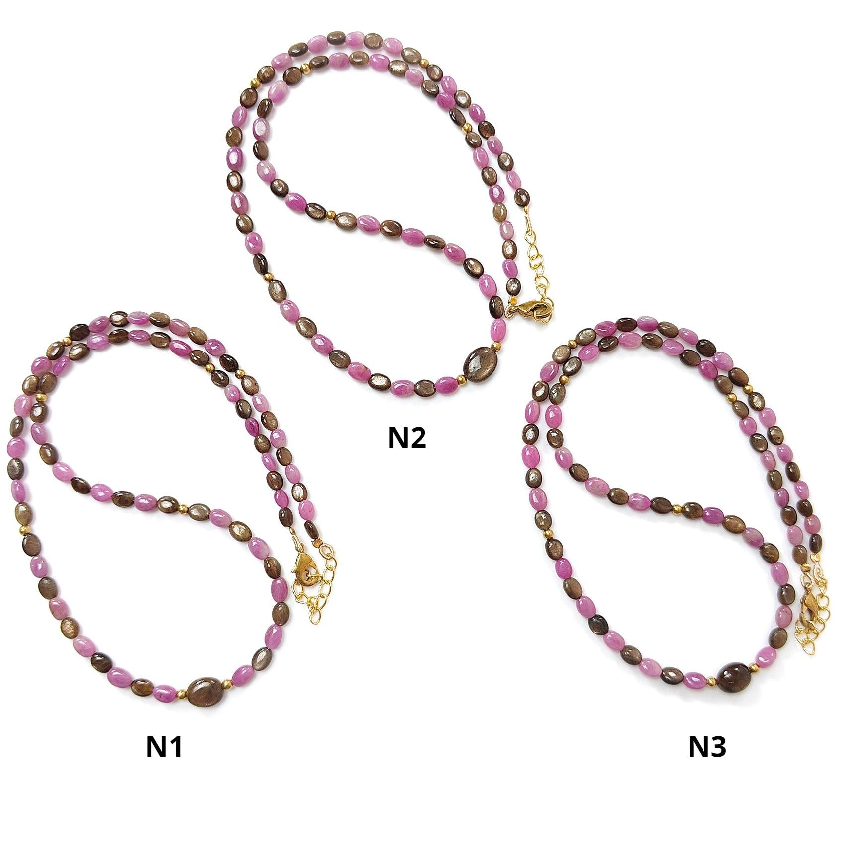 Golden & Pink Sapphire Gemstone Beads Necklace: Natural Untreated Unheated Sapphire Plain Oval Shape Brass Necklace 18" 1 Strand