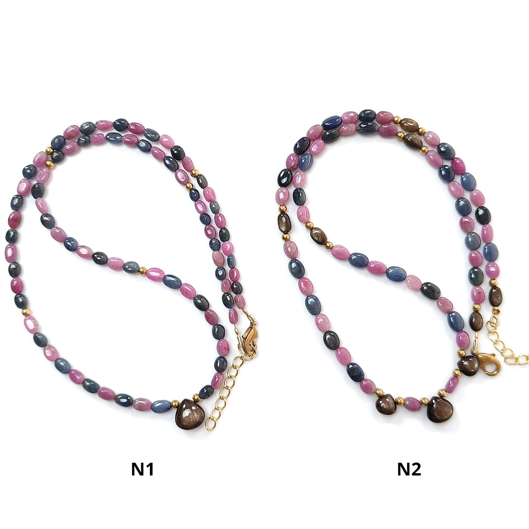 Pink, Blue & Golden Sapphire Gemstone Beads Necklace: Natural Untreated Unheated Sapphire Plain Oval Heart Shape Brass Necklace 18" 1 Strand