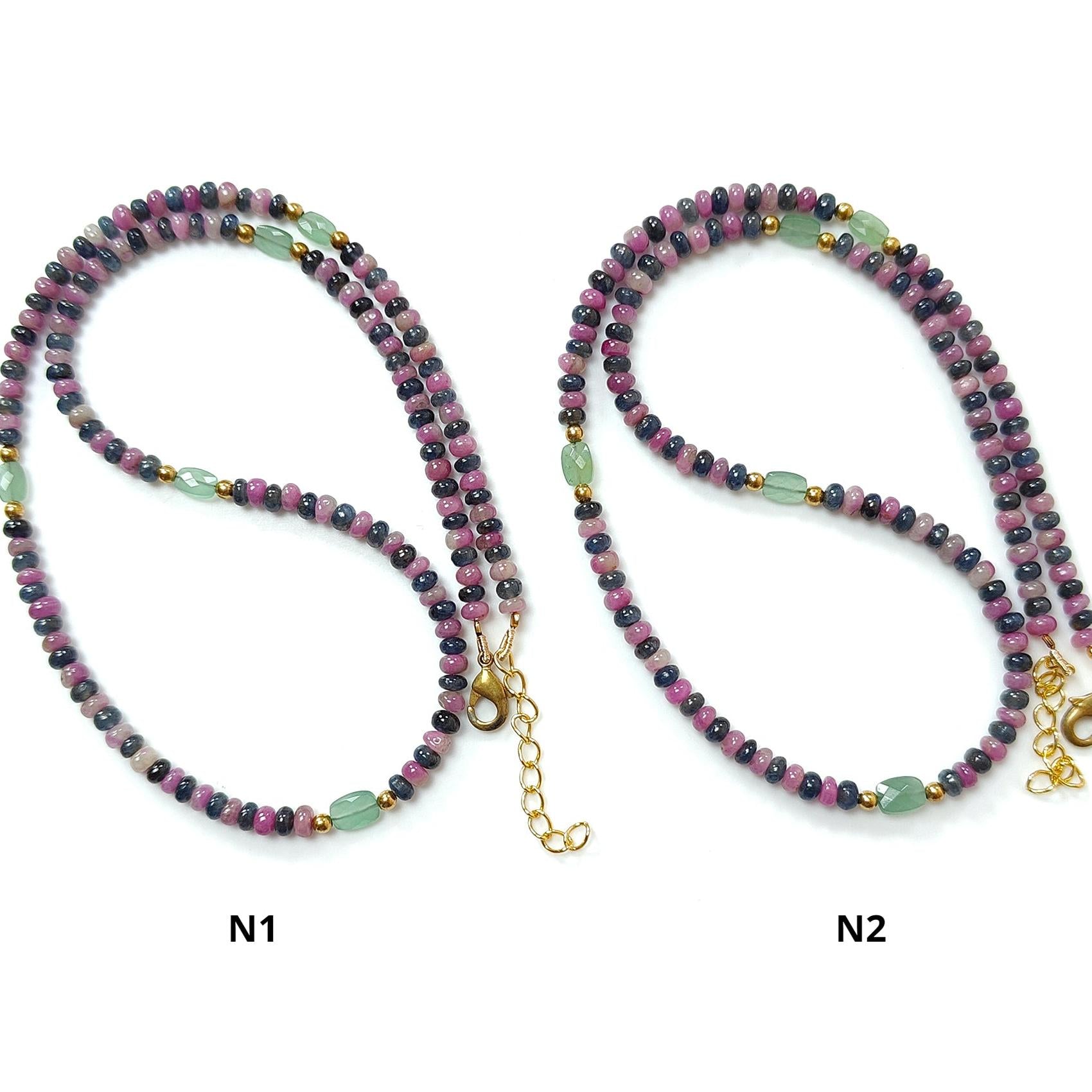 Zoisite Ruby & Blue Sapphire Gemstone Beads Necklace: Natural Untreated Ruby, Green Quartzite Plain Rondelle Brass Necklace 4mm 18" 1 Strand