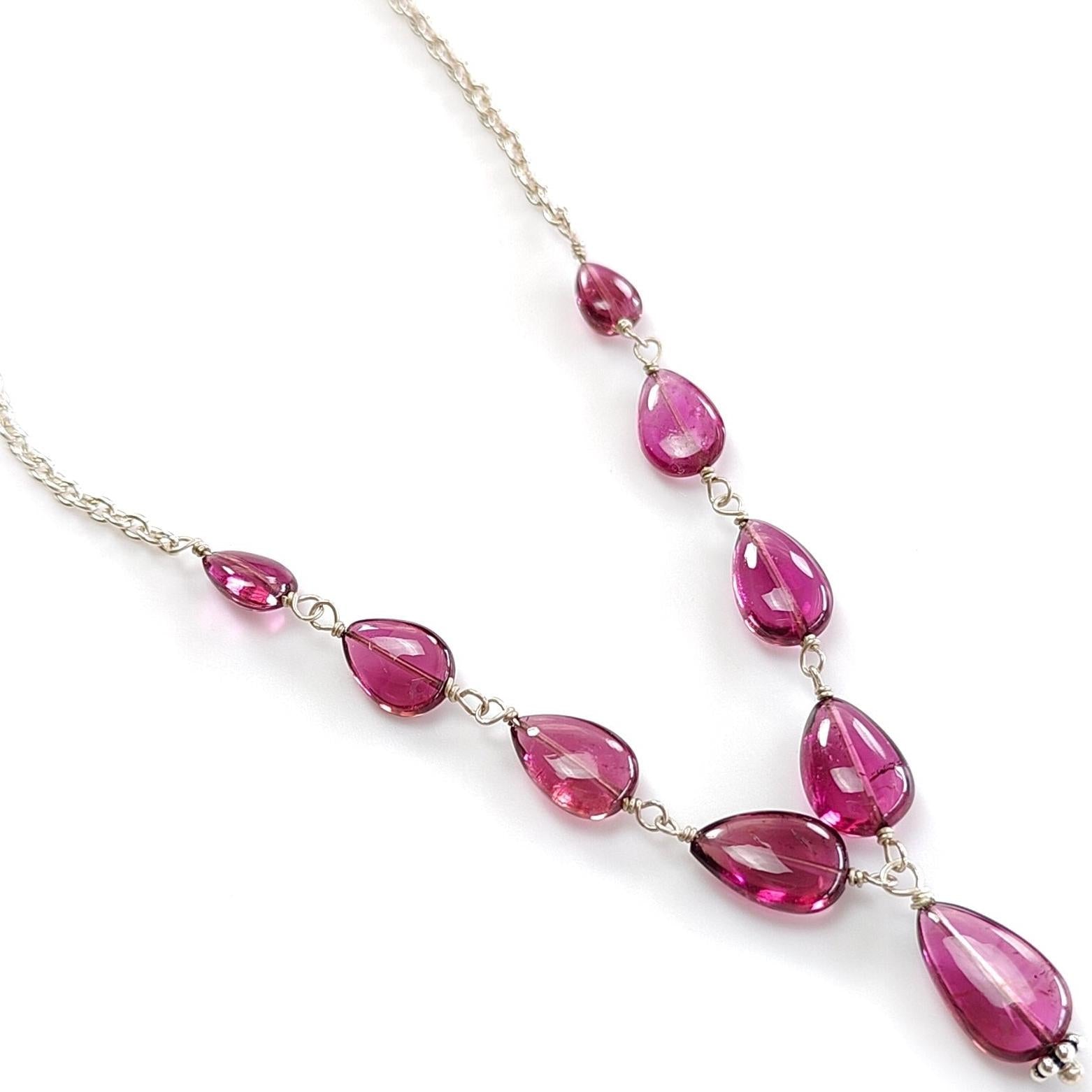 Rubellite Tourmaline Beads Chain Necklace: 31.95cts Natural Untreated Pink Tourmaline 925 Sterling Silver Plain Pear 6*5mm -11*7mm 20"