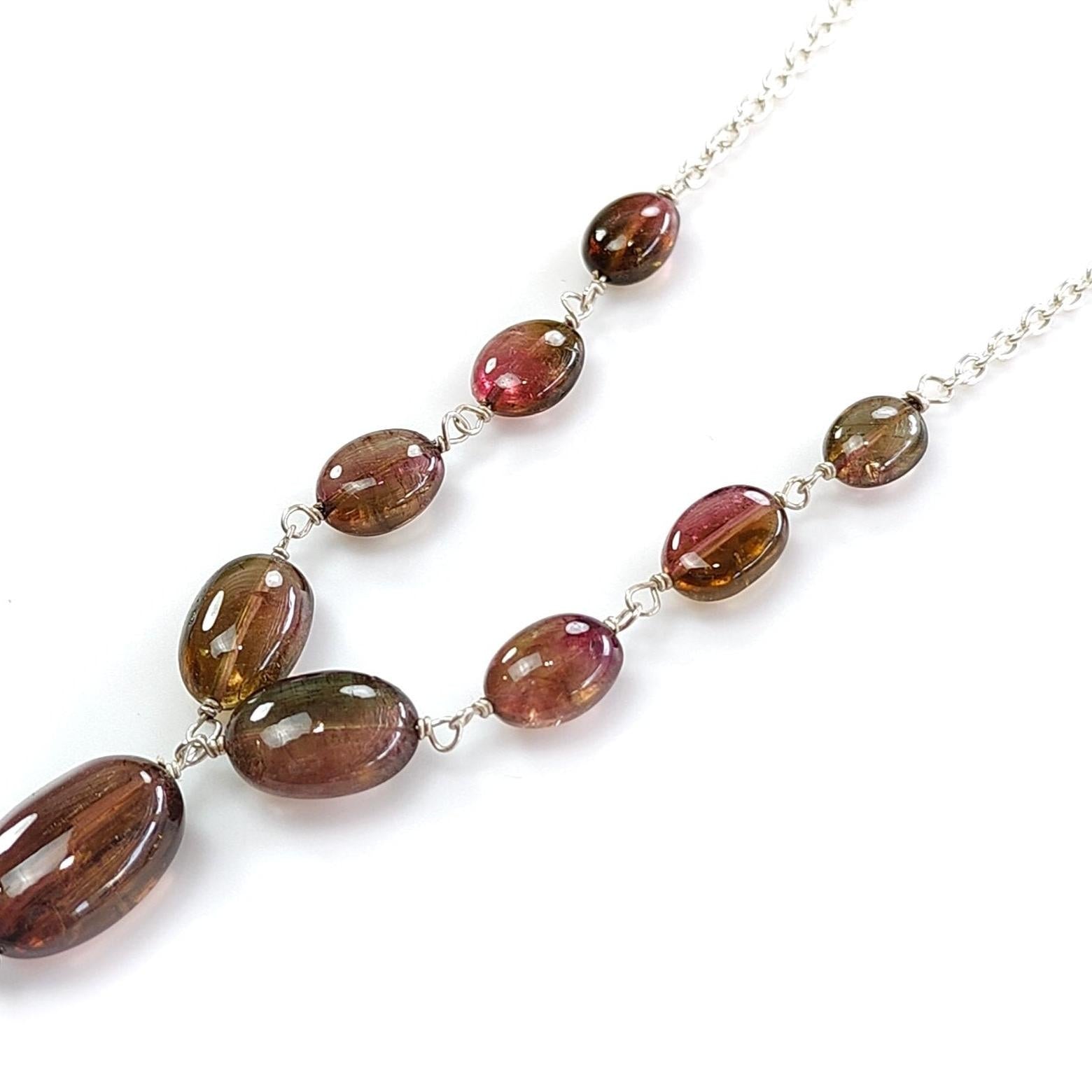 Watermelon Tourmaline Chain Necklace: 42.35cts Natural Untreated Tourmaline 925 Sterling Silver Plain Oval 7*6.5mm - 13*9mm 20"
