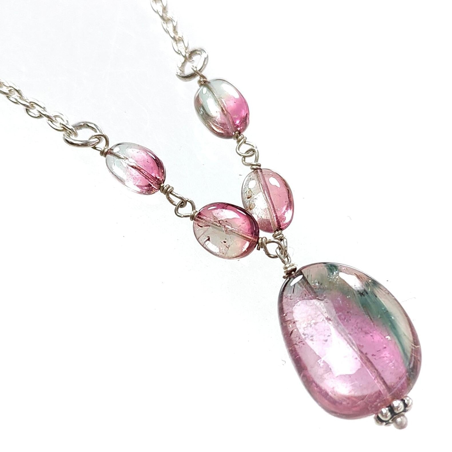 Watermelon Tourmaline Chain Necklace: 34.50cts Natural Untreated Tourmaline 925 Sterling Silver Plain Oval 6*4.5mm - 16*12mm 21"