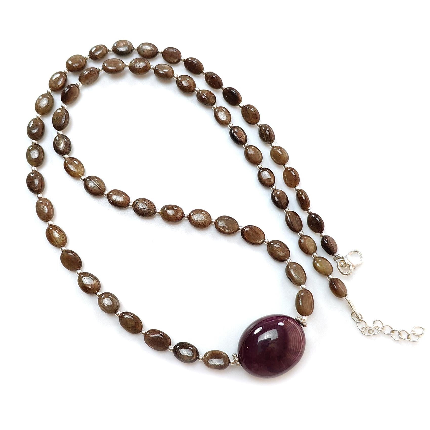 Golden Chocolate Sapphire Gemstone Beads Necklace: 28.11gms Natural Ruby, Sapphire Plain Oval 925 Silver Necklace 6*5mm - 8*6mm 20"