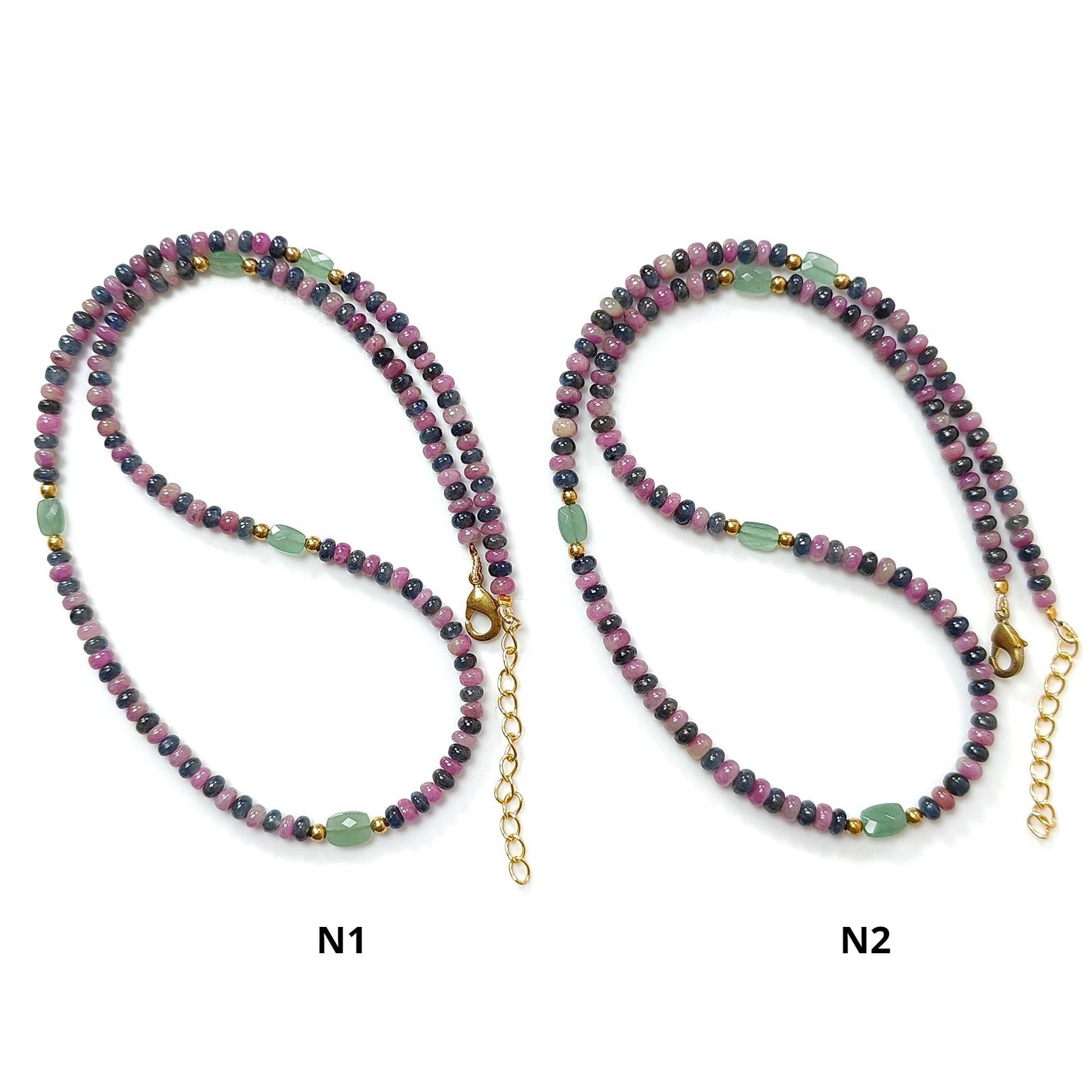 Zoisite Ruby & Blue Sapphire Gemstone Beads Necklace: Natural Untreated Ruby, Green Quartzite Plain Rondelle Brass Necklace 18" 1 Strand
