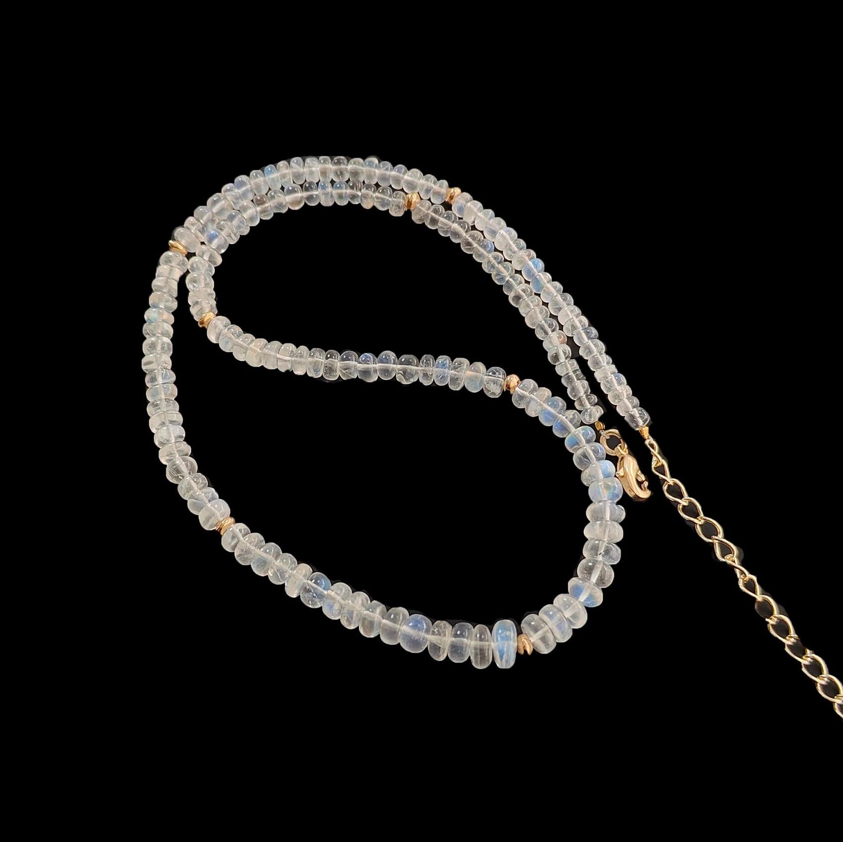 Rainbow Moonstone Gemstone Beads Necklace: 17.31gms Natural Moonstone Plain Rondelle Brass Necklace 16.5" Necklace June Birthstone